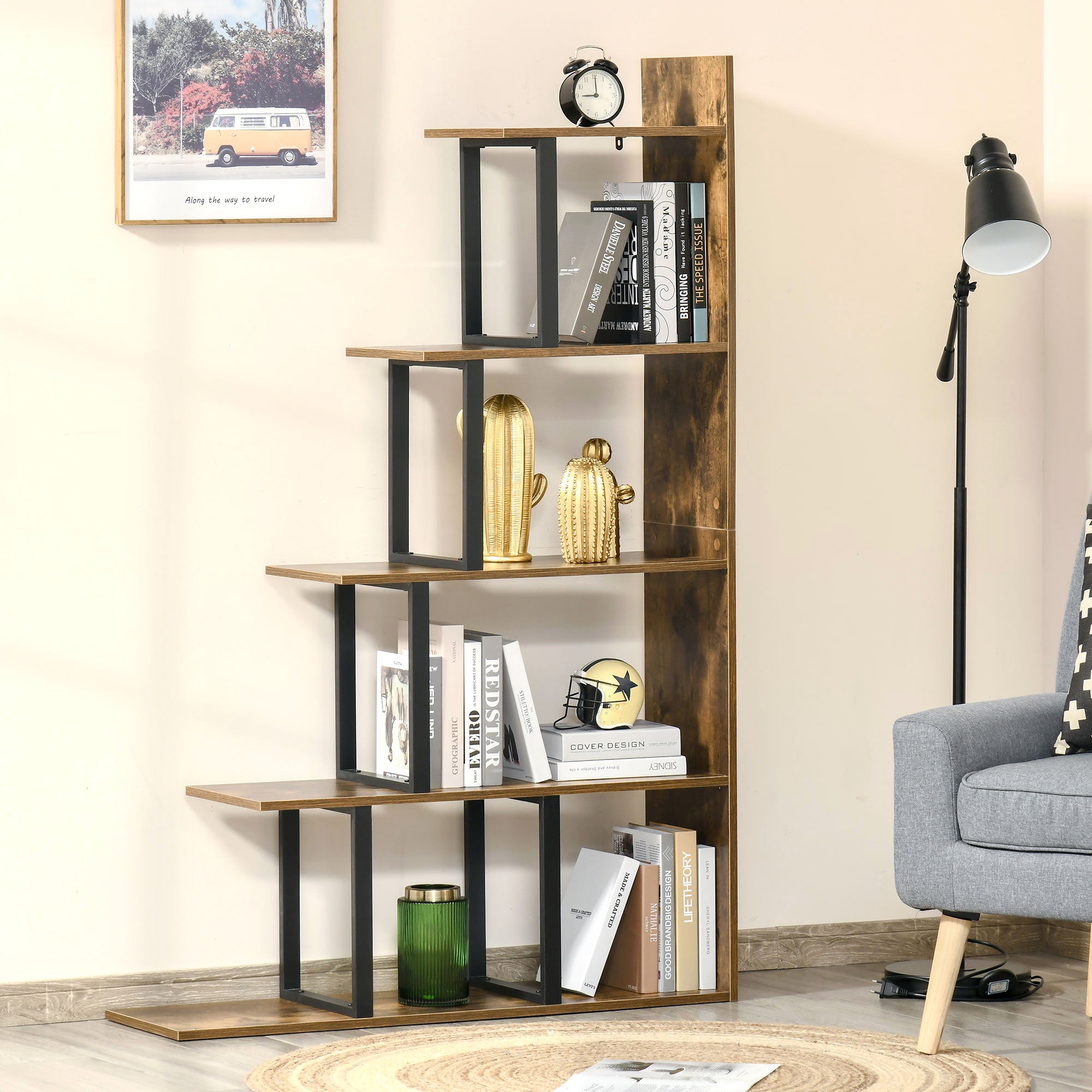 HOMCOM Industrial Bookcase 5-Tier Wooden Ladder Bookshelf Display Stand Organizer for Livingroom Indoor Corner Shelf - Rustic Brown