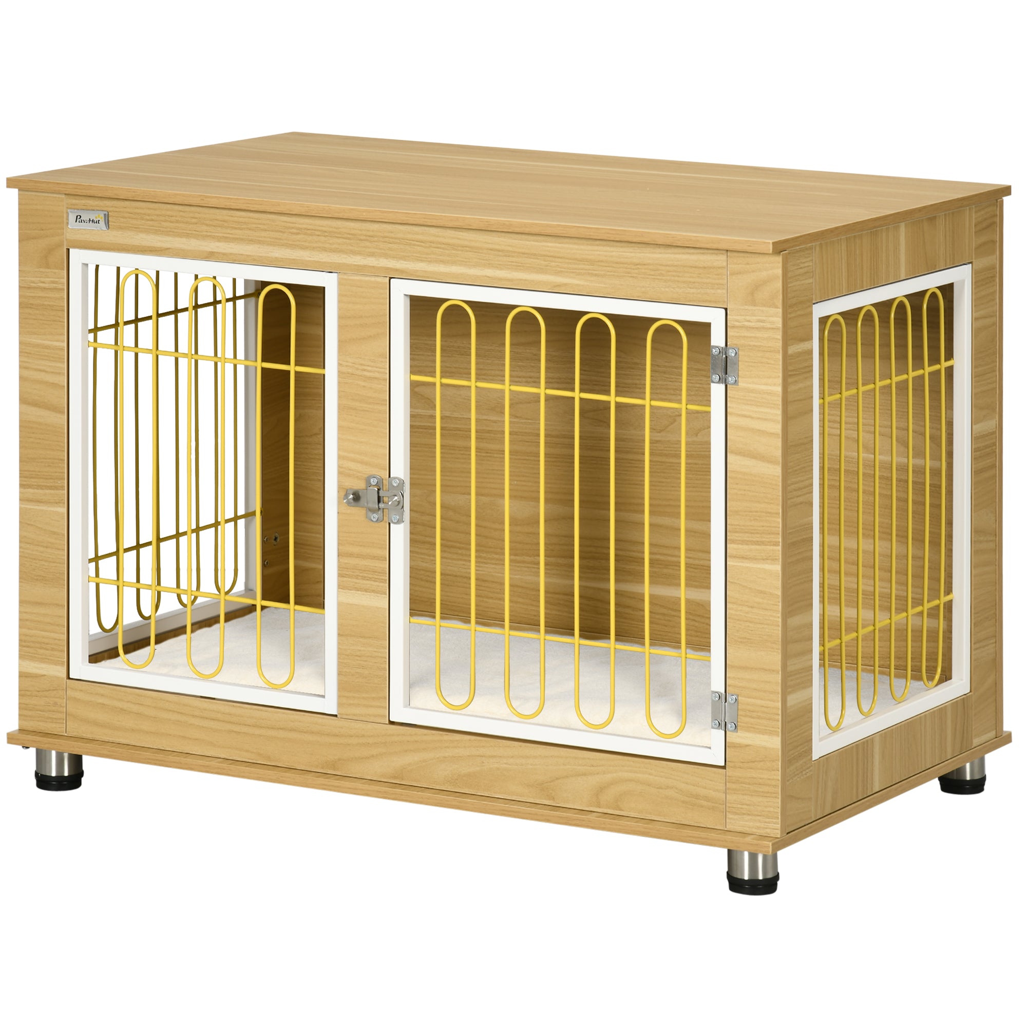 PawHut Dog Crate Furniture, Side End Table, Indoor Dog Kennel with Soft Washable Cushion, Wire Mesh, Large Top, for Medium and Large Dogs, 90 x 58 x 65, Oak Tone