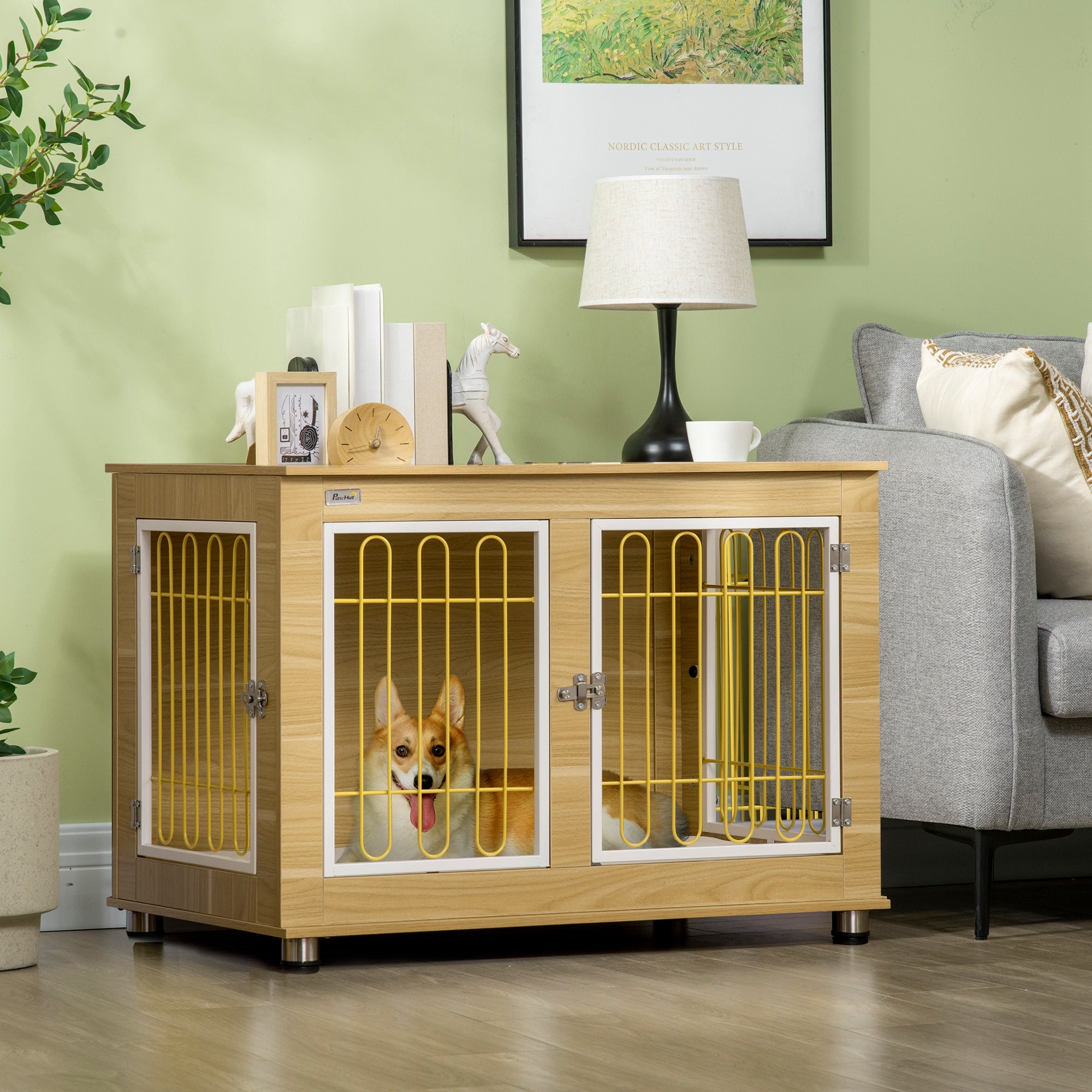 PawHut Dog Crate Furniture, Side End Table, Indoor Dog Kennel with Soft Washable Cushion, Wire Mesh, Large Top, for Medium and Large Dogs, 90 x 58 x 65, Oak Tone
