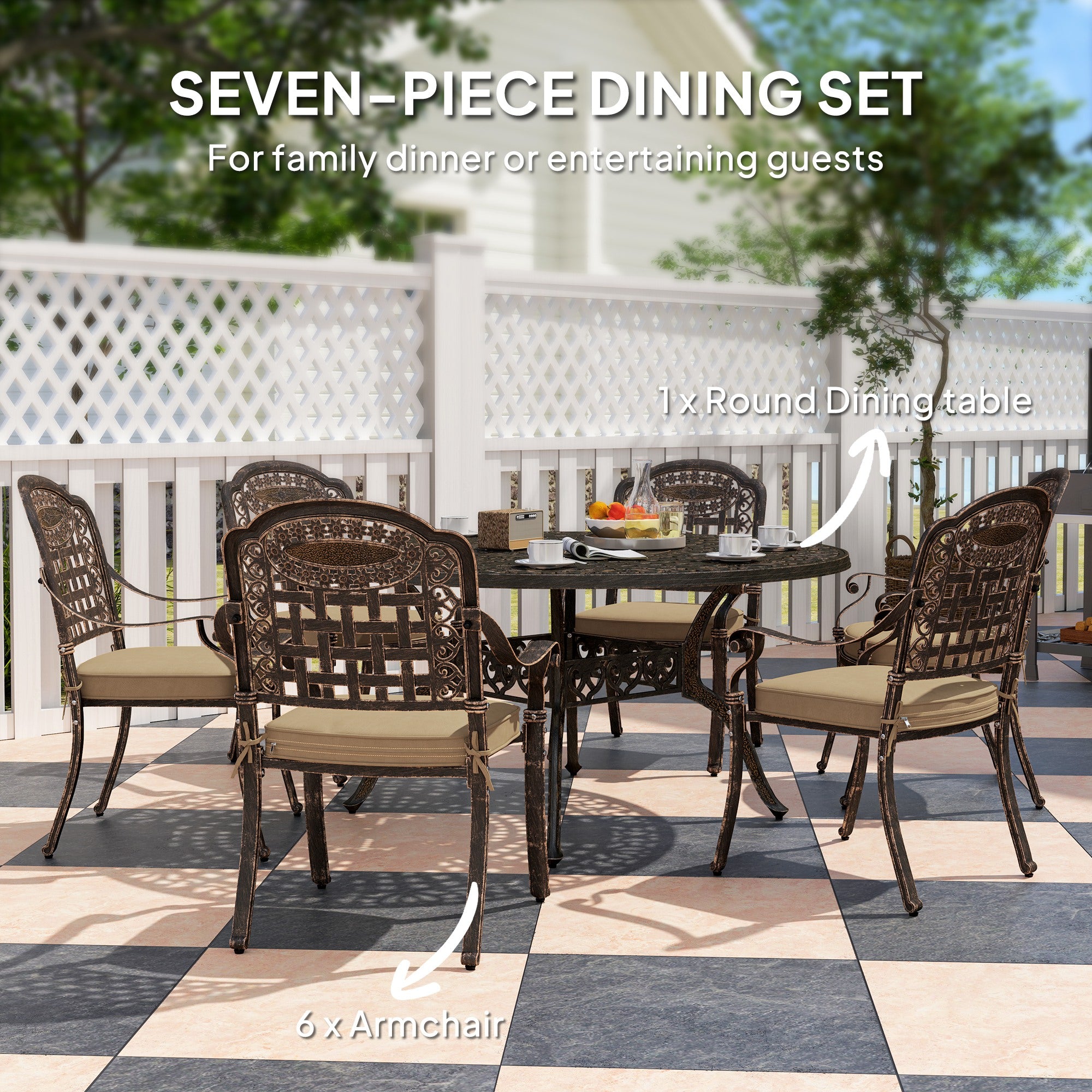 Outsunny 7 Pieces Cast Aluminum Patio Dining Set for 6, Patio Table and Chairs with Umbrella Hole and Cushions, Outdoor Furniture Dining Set for Garden Backyard Poolside, Bronze