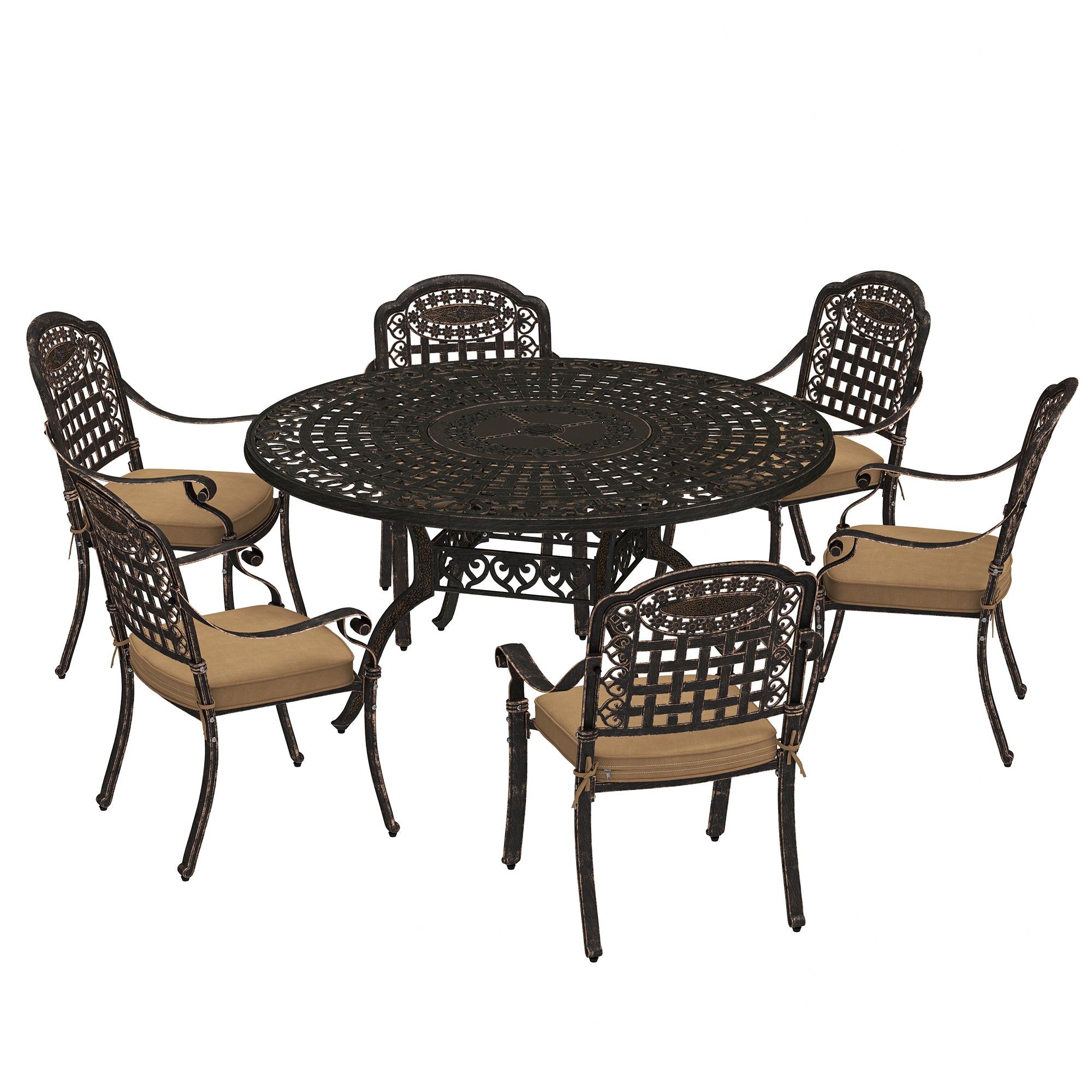Outsunny 7 Pieces Cast Aluminum Patio Dining Set for 6, Patio Table and Chairs with Umbrella Hole and Cushions, Outdoor Furniture Dining Set for Garden Backyard Poolside, Bronze