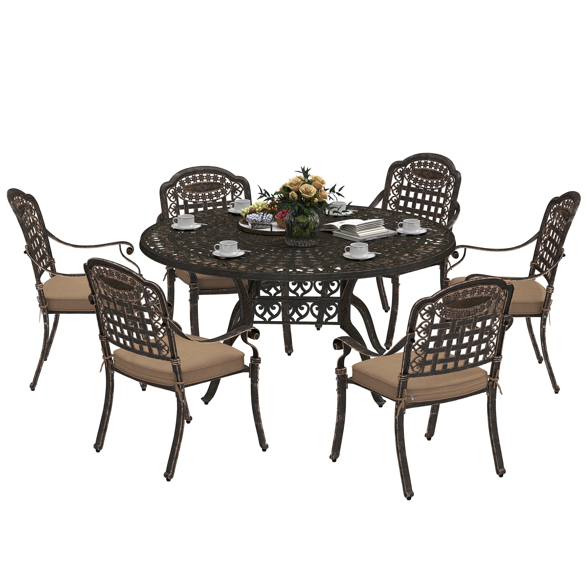 Outsunny 7 Pieces Cast Aluminum Patio Dining Set for 6, Patio Table and Chairs with Umbrella Hole and Cushions, Outdoor Furniture Dining Set for Garden Backyard Poolside, Bronze