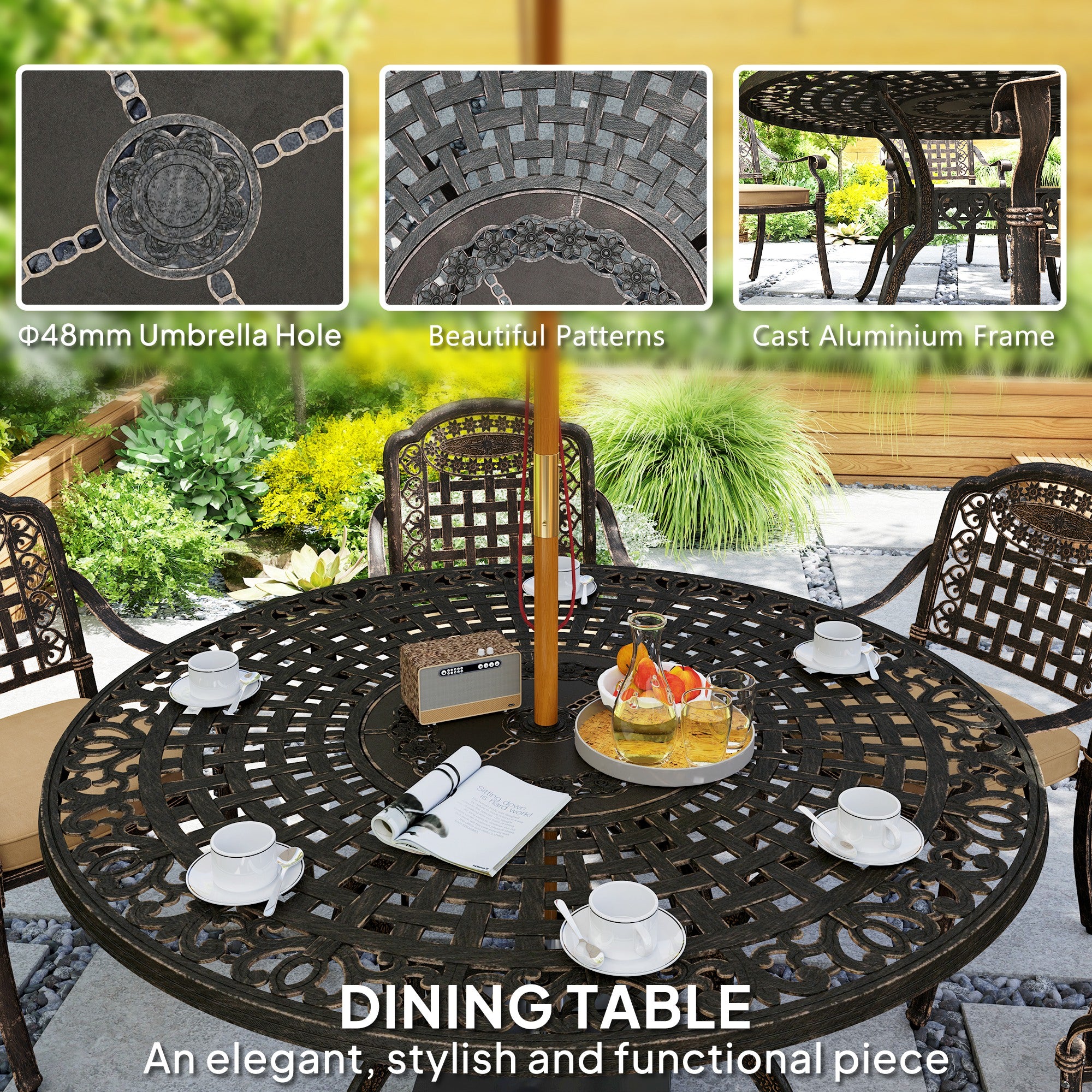 Outsunny 7 Pieces Cast Aluminum Patio Dining Set for 6, Patio Table and Chairs with Umbrella Hole and Cushions, Outdoor Furniture Dining Set for Garden Backyard Poolside, Bronze