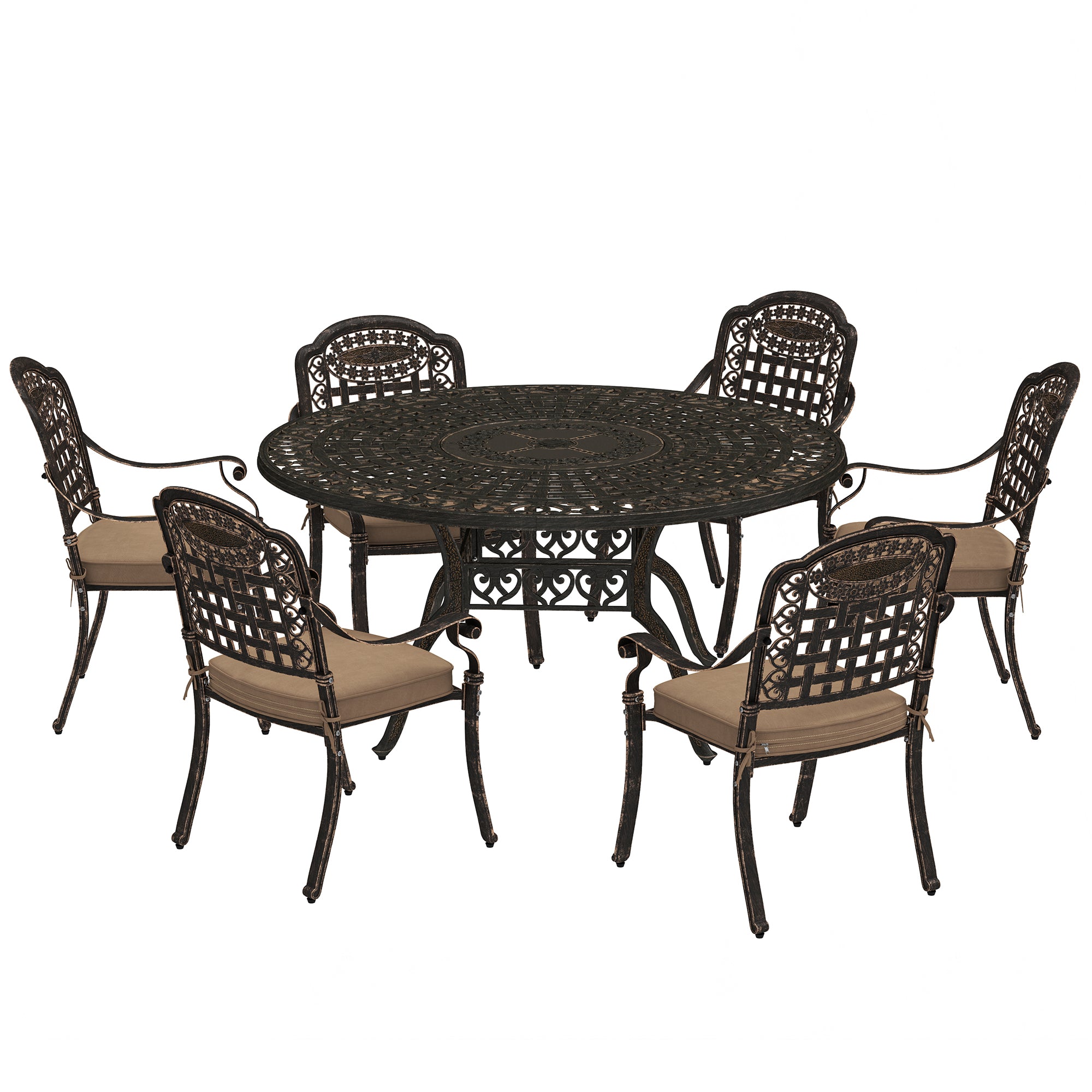 Outsunny 7 Pieces Cast Aluminum Patio Dining Set for 6, Patio Table and Chairs with Umbrella Hole and Cushions, Outdoor Furniture Dining Set for Garden Backyard Poolside, Bronze