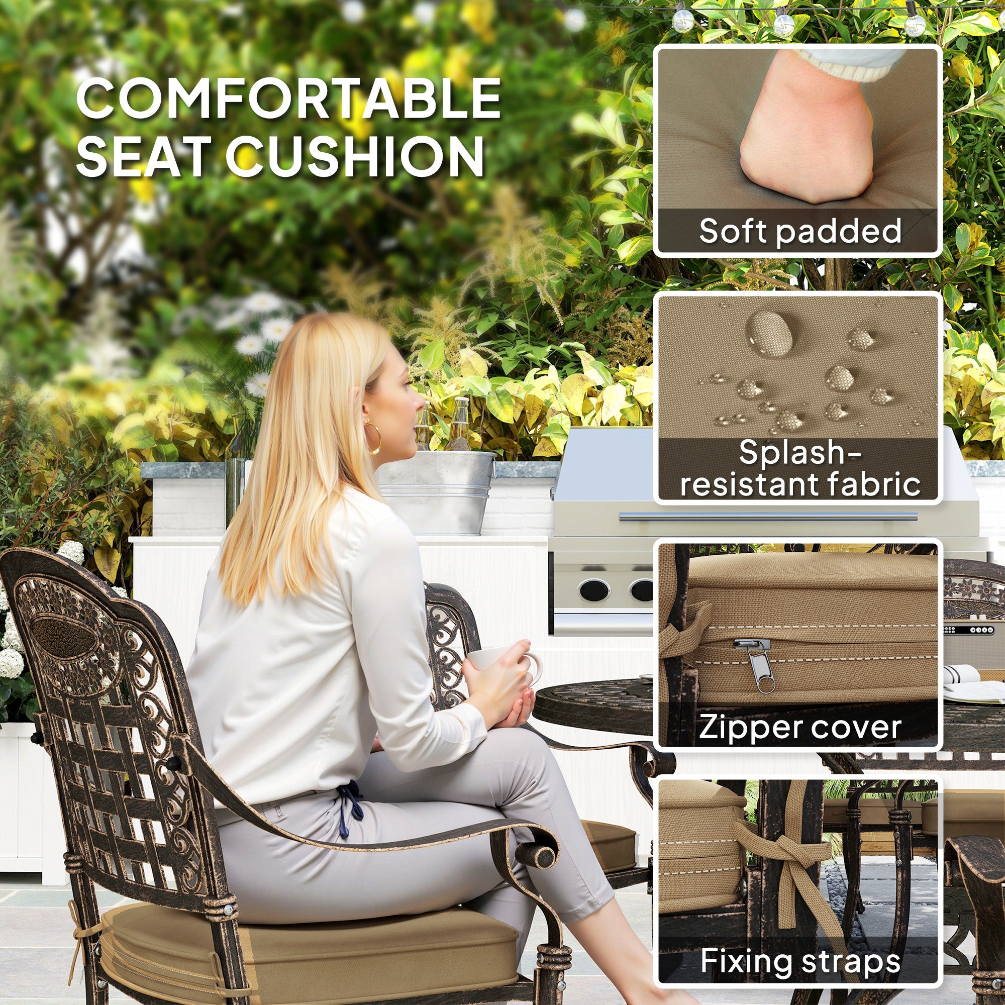 Outsunny 7 Pieces Cast Aluminum Patio Dining Set for 6, Patio Table and Chairs with Umbrella Hole and Cushions, Outdoor Furniture Dining Set for Garden Backyard Poolside, Bronze