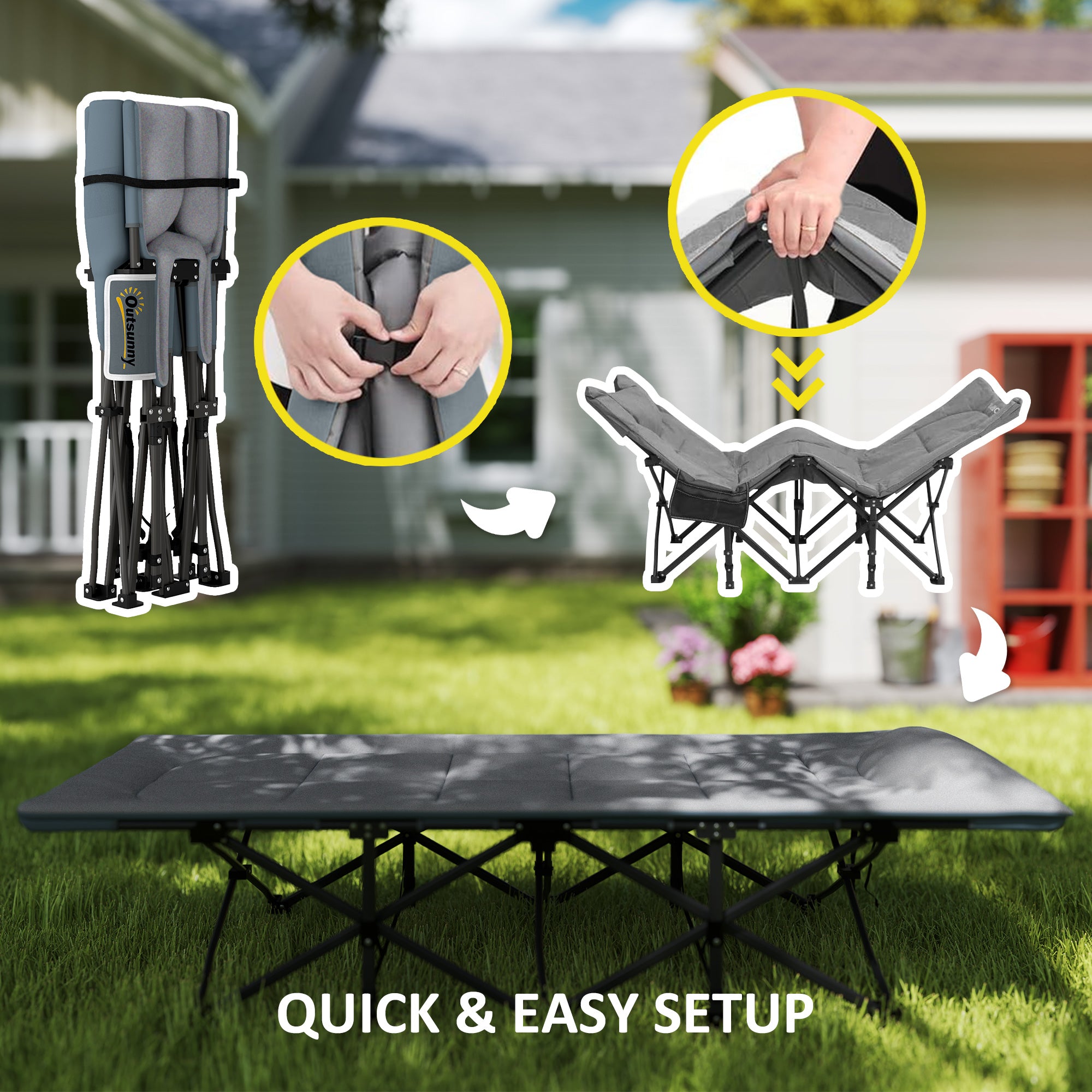 Outsunny Camping Cot for Adults with Cushion, 26.4" Wide Portable Folding Bed with Storage Pocket and Non-Slip Foot Pads for Outdoor Travel Home Office, Max Load 330 LBS, Grey