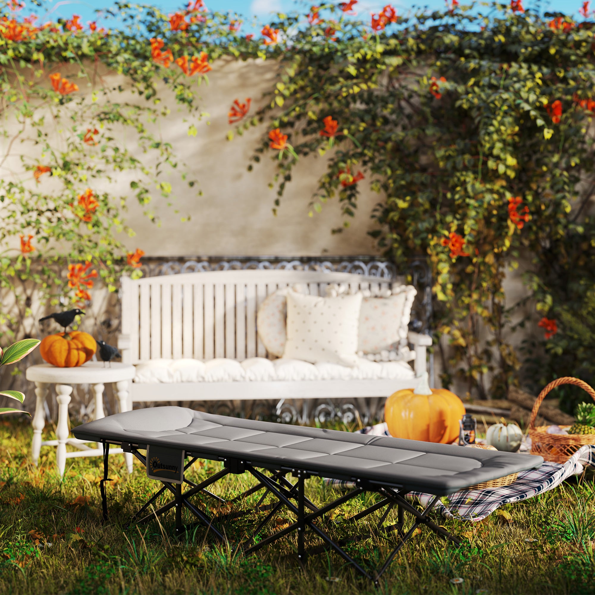 Outsunny Camping Cot for Adults with Cushion, 26.4" Wide Portable Folding Bed with Storage Pocket and Non-Slip Foot Pads for Outdoor Travel Home Office, Max Load 330 LBS, Grey