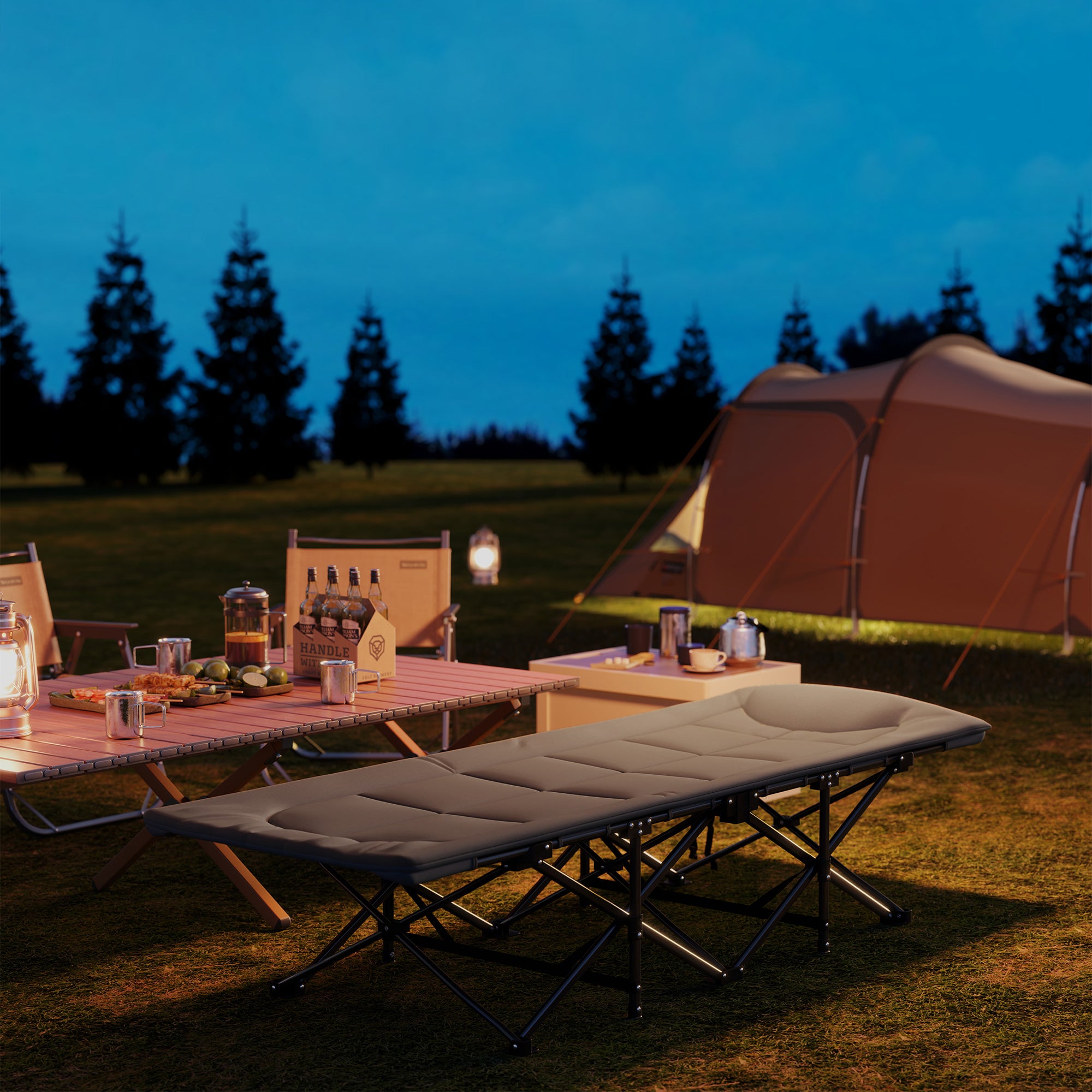 Outsunny Camping Cot for Adults with Cushion, 26.4" Wide Portable Folding Bed with Storage Pocket and Non-Slip Foot Pads for Outdoor Travel Home Office, Max Load 330 LBS, Grey