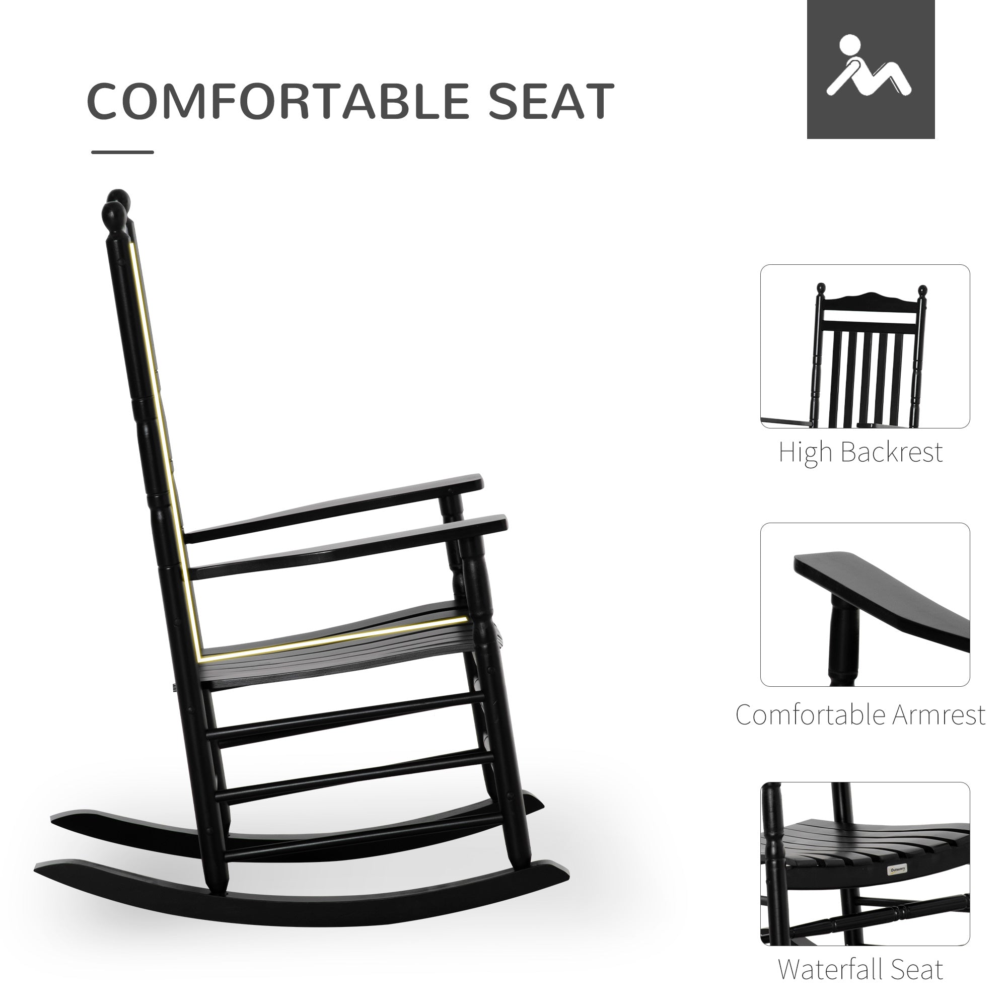 Outsunny Wooden Outdoor Rocking Chair, Patio Rocking Chair with Slatted High Back and Armrests, Patio Chair for Porch, Garden, Lawn, Black