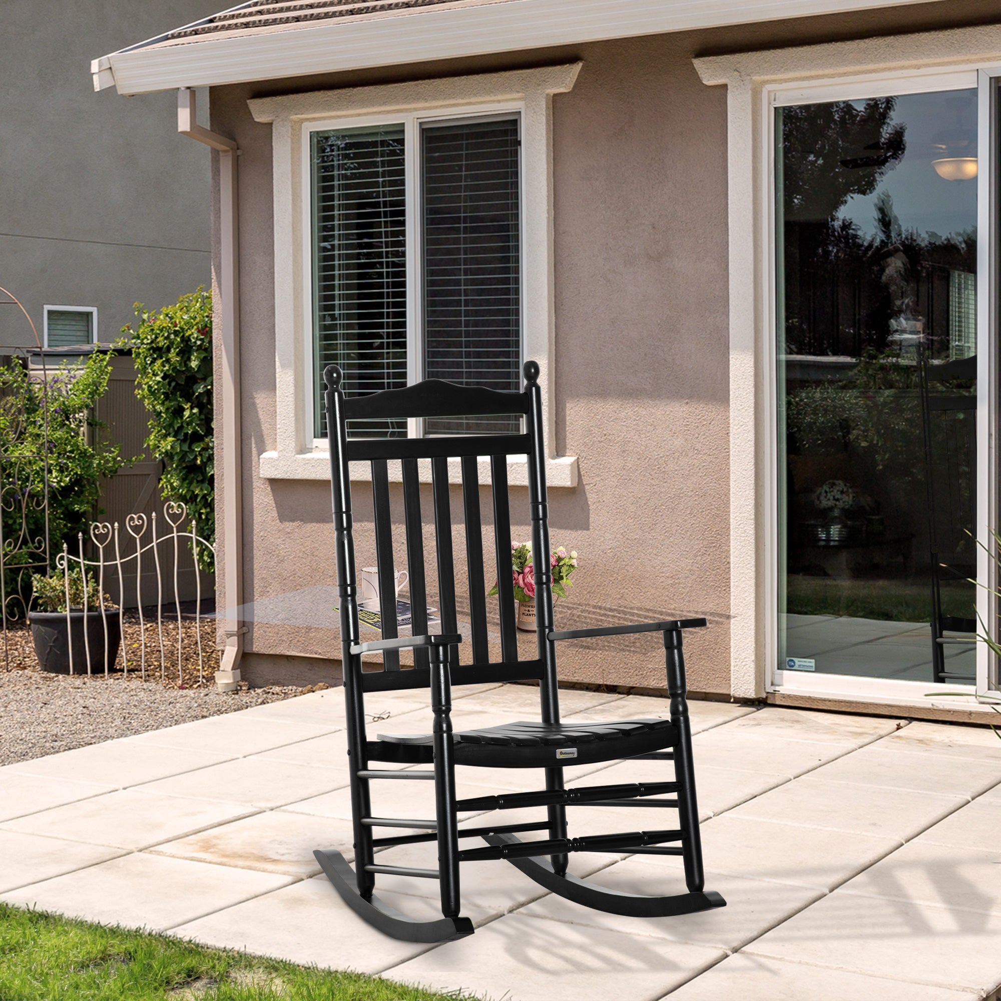 Outsunny Wooden Outdoor Rocking Chair, Patio Rocking Chair with Slatted High Back and Armrests, Patio Chair for Porch, Garden, Lawn, Black