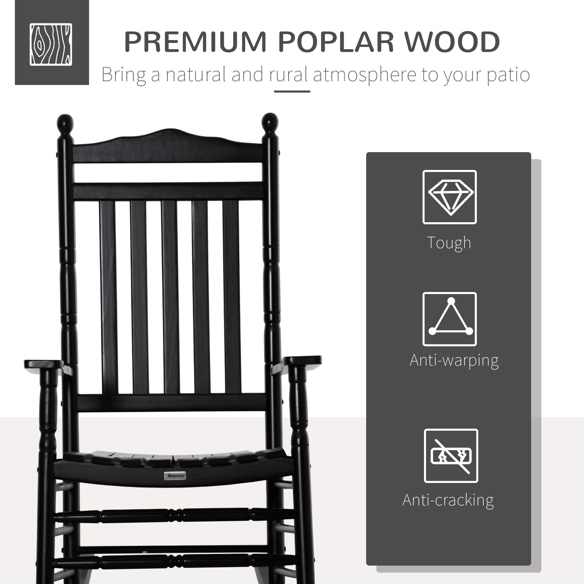 Outsunny Wooden Outdoor Rocking Chair, Patio Rocking Chair with Slatted High Back and Armrests, Patio Chair for Porch, Garden, Lawn, Black