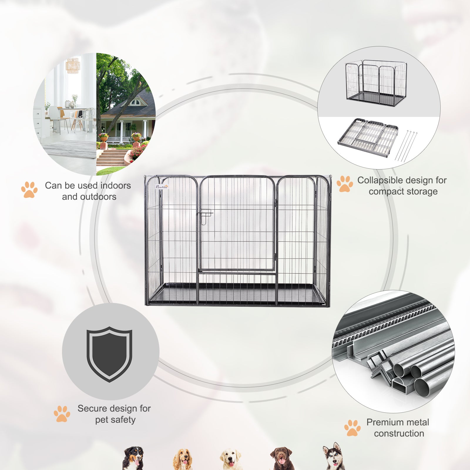 PawHut Metal Dog Crate Kennel Heavy Duty 4 Panel Folding Pet Playpen Tray Indoor Outdoor Use Collapsible Design 125L x 77.5W x 90H cm