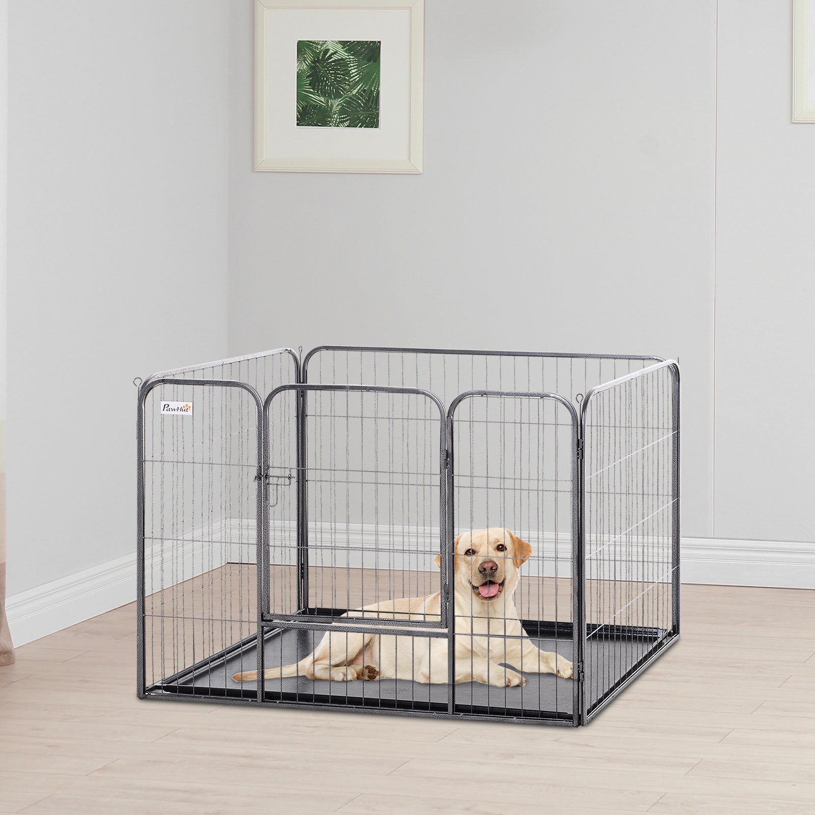 PawHut Metal Dog Crate Kennel Heavy Duty 4 Panel Folding Pet Playpen Tray Indoor Outdoor Use Collapsible Design 125L x 77.5W x 90H cm