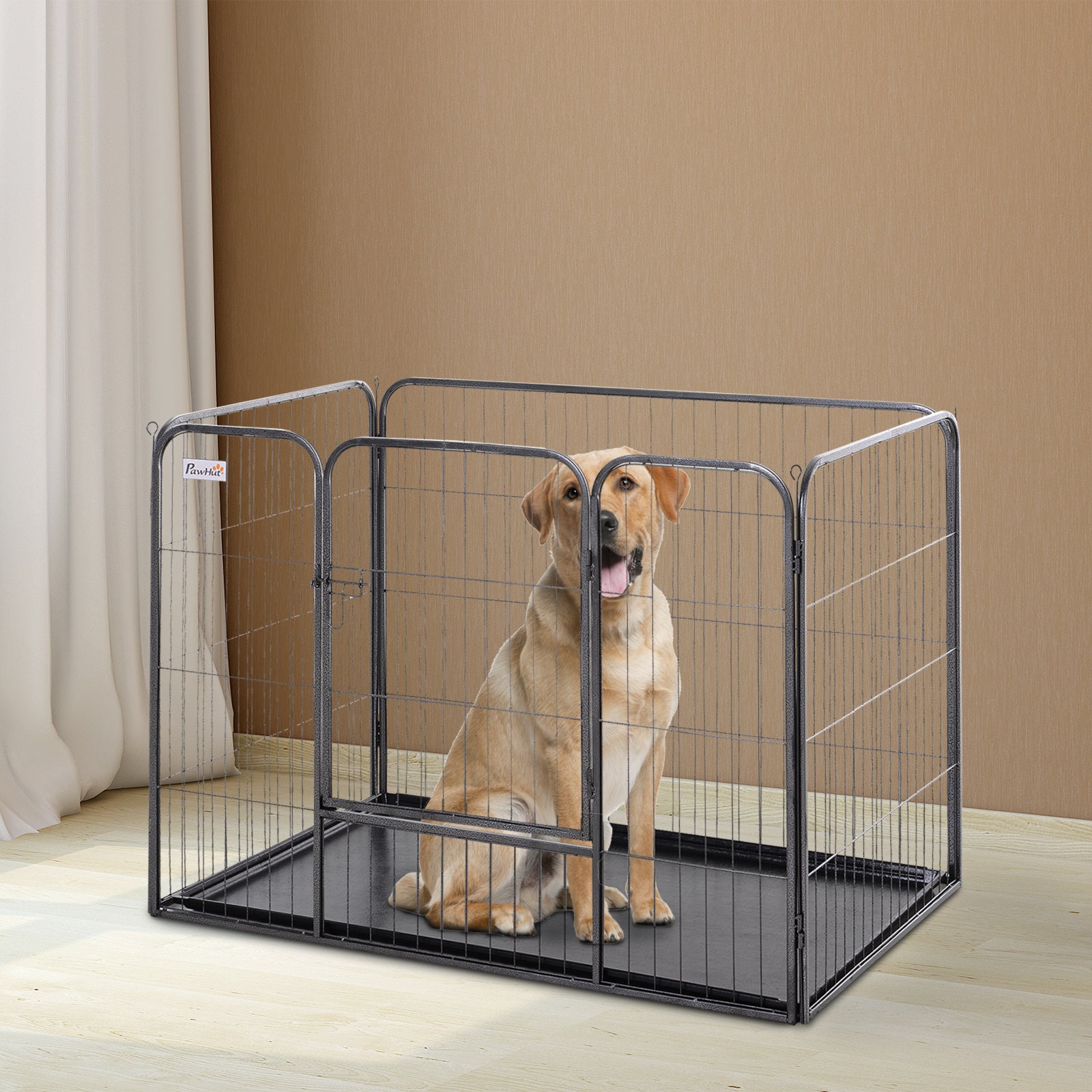 PawHut Metal Dog Crate Kennel Heavy Duty 4 Panel Folding Pet Playpen Tray Indoor Outdoor Use Collapsible Design 125L x 77.5W x 90H cm