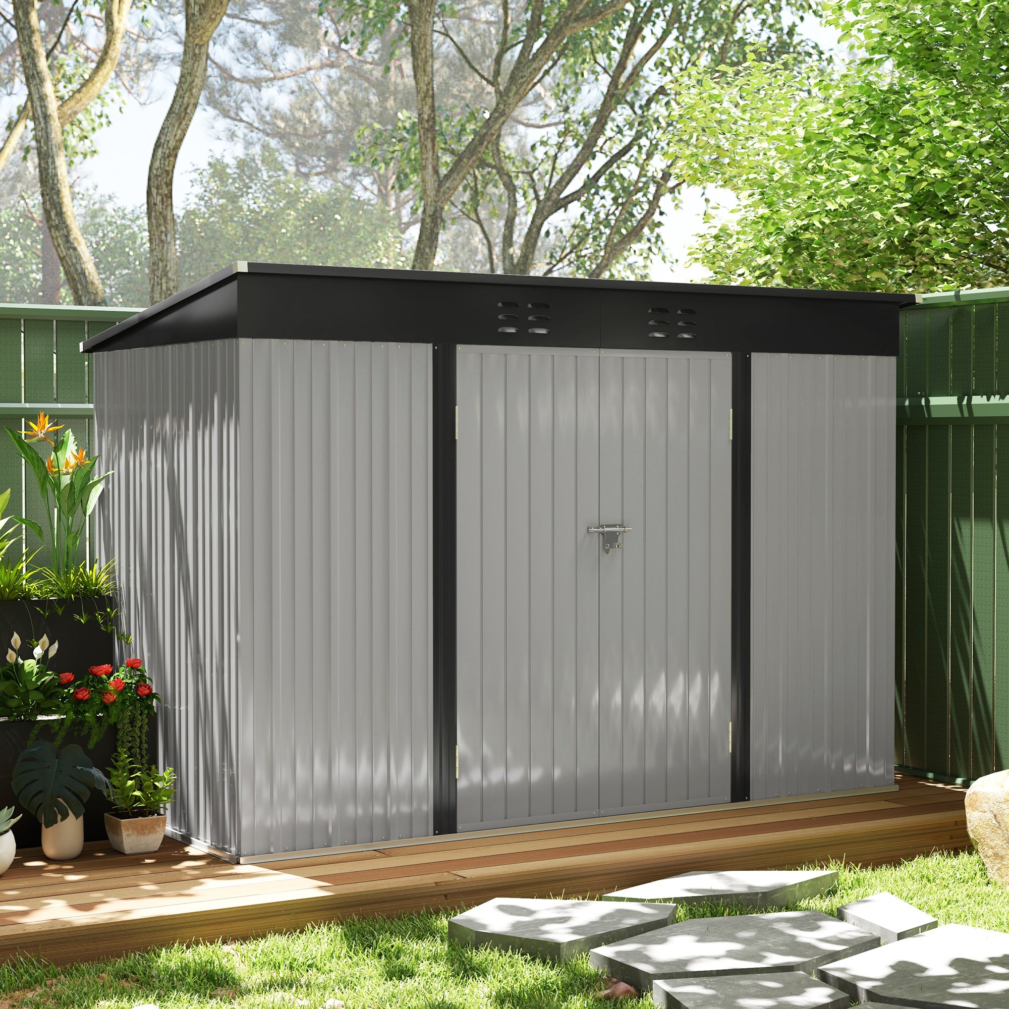 Outsunny 9' x 4' Storage Shed, Galvanized Steel Garden Shed with Lockable Doors, Gloves and 2 Air Vents for Backyard, Patio, Lawn, Grey