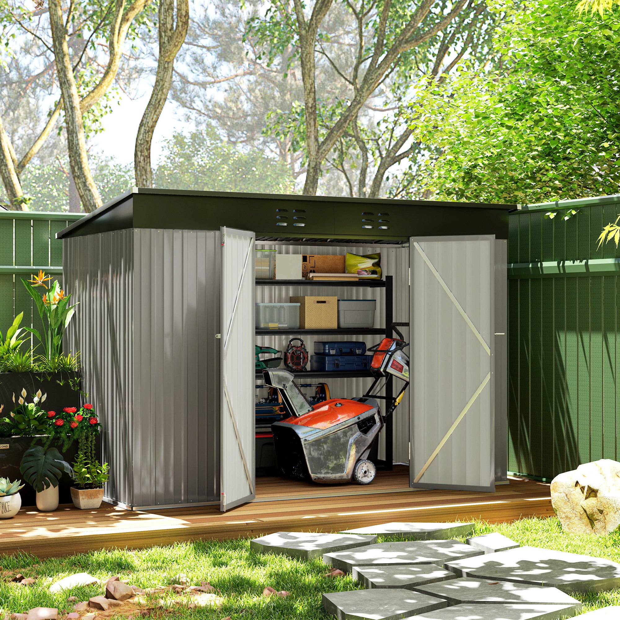 Outsunny 9' x 4' Storage Shed, Galvanized Steel Garden Shed with Lockable Doors, Gloves and 2 Air Vents for Backyard, Patio, Lawn, Grey