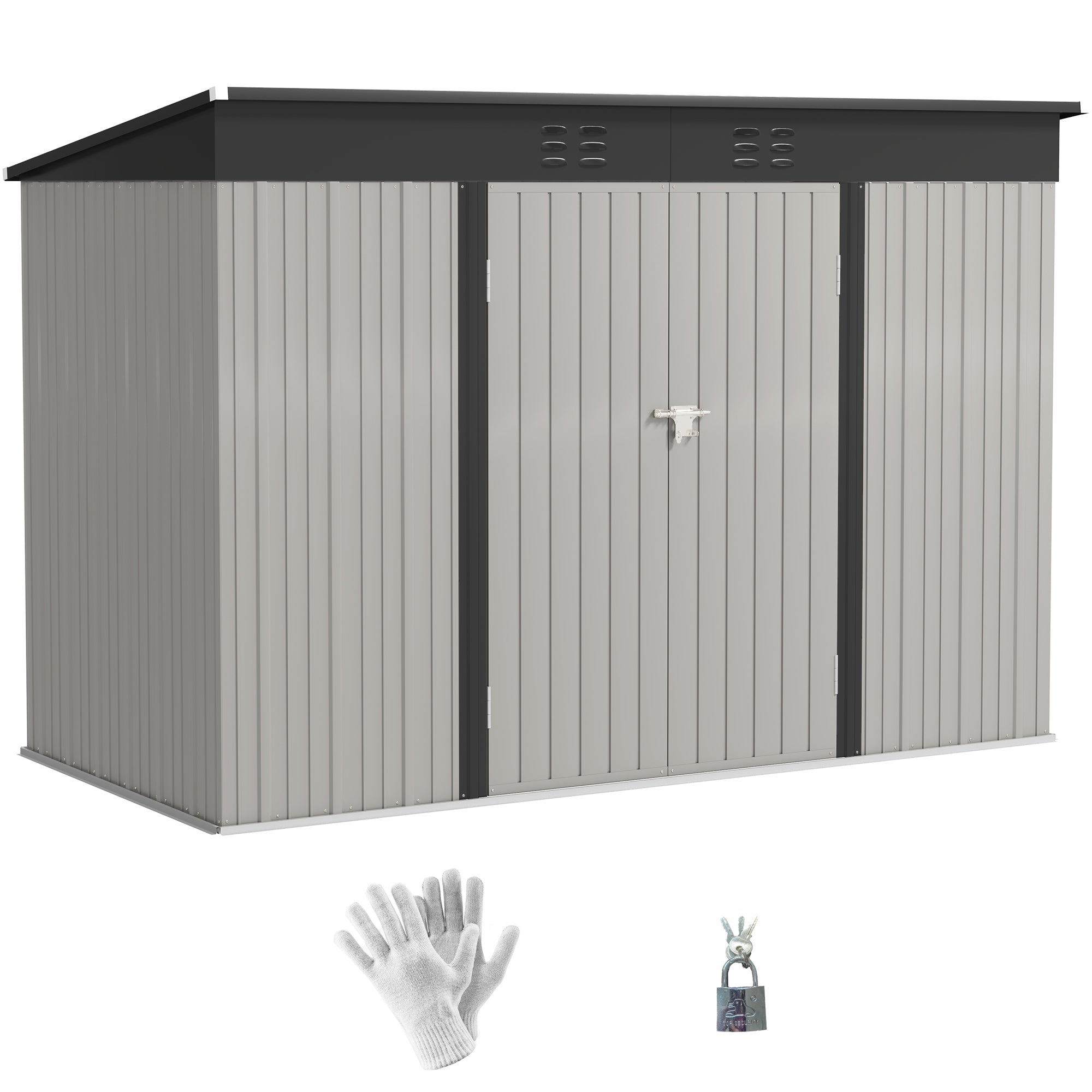Outsunny 9' x 4' Storage Shed, Galvanized Steel Garden Shed with Lockable Doors, Gloves and 2 Air Vents for Backyard, Patio, Lawn, Grey