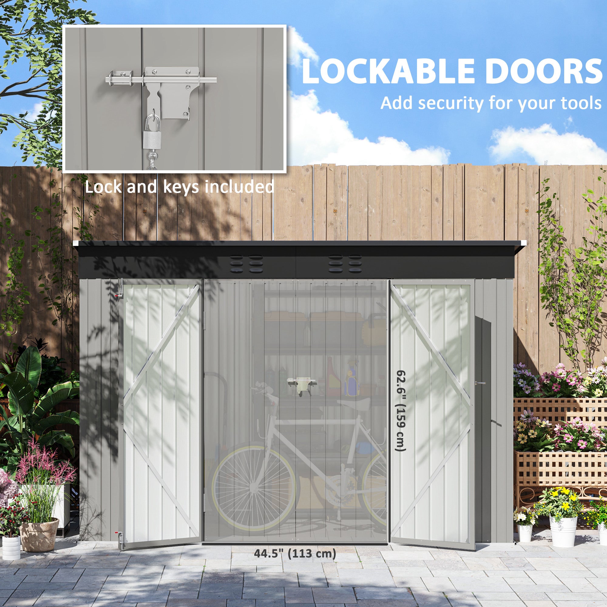 Outsunny 9' x 4' Storage Shed, Galvanized Steel Garden Shed with Lockable Doors, Gloves and 2 Air Vents for Backyard, Patio, Lawn, Grey