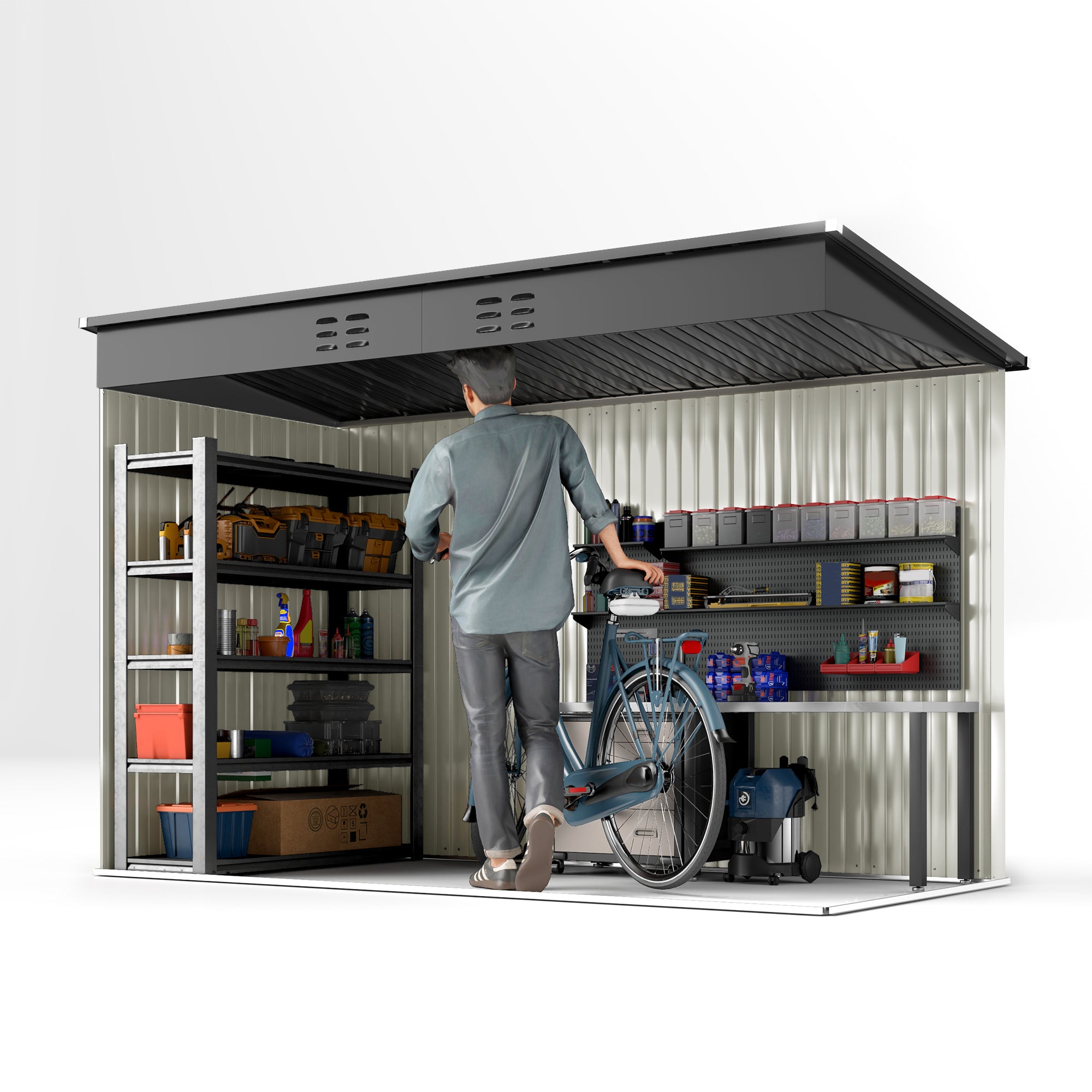 Outsunny 9' x 4' Storage Shed, Galvanized Steel Garden Shed with Lockable Doors, Gloves and 2 Air Vents for Backyard, Patio, Lawn, Grey