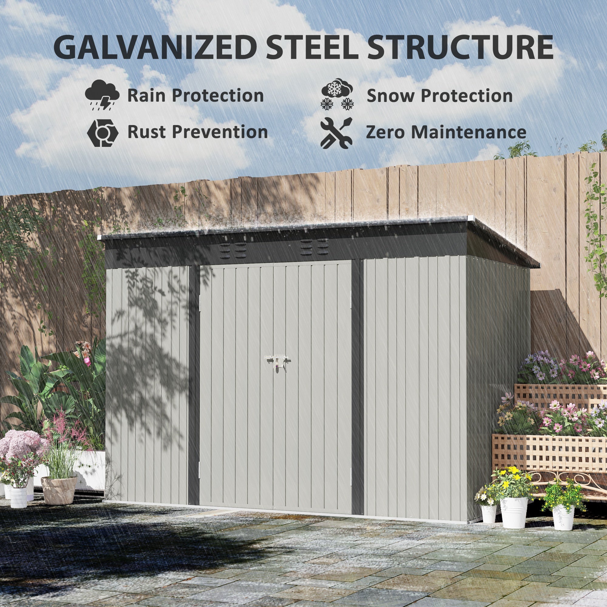 Outsunny 9' x 4' Storage Shed, Galvanized Steel Garden Shed with Lockable Doors, Gloves and 2 Air Vents for Backyard, Patio, Lawn, Grey