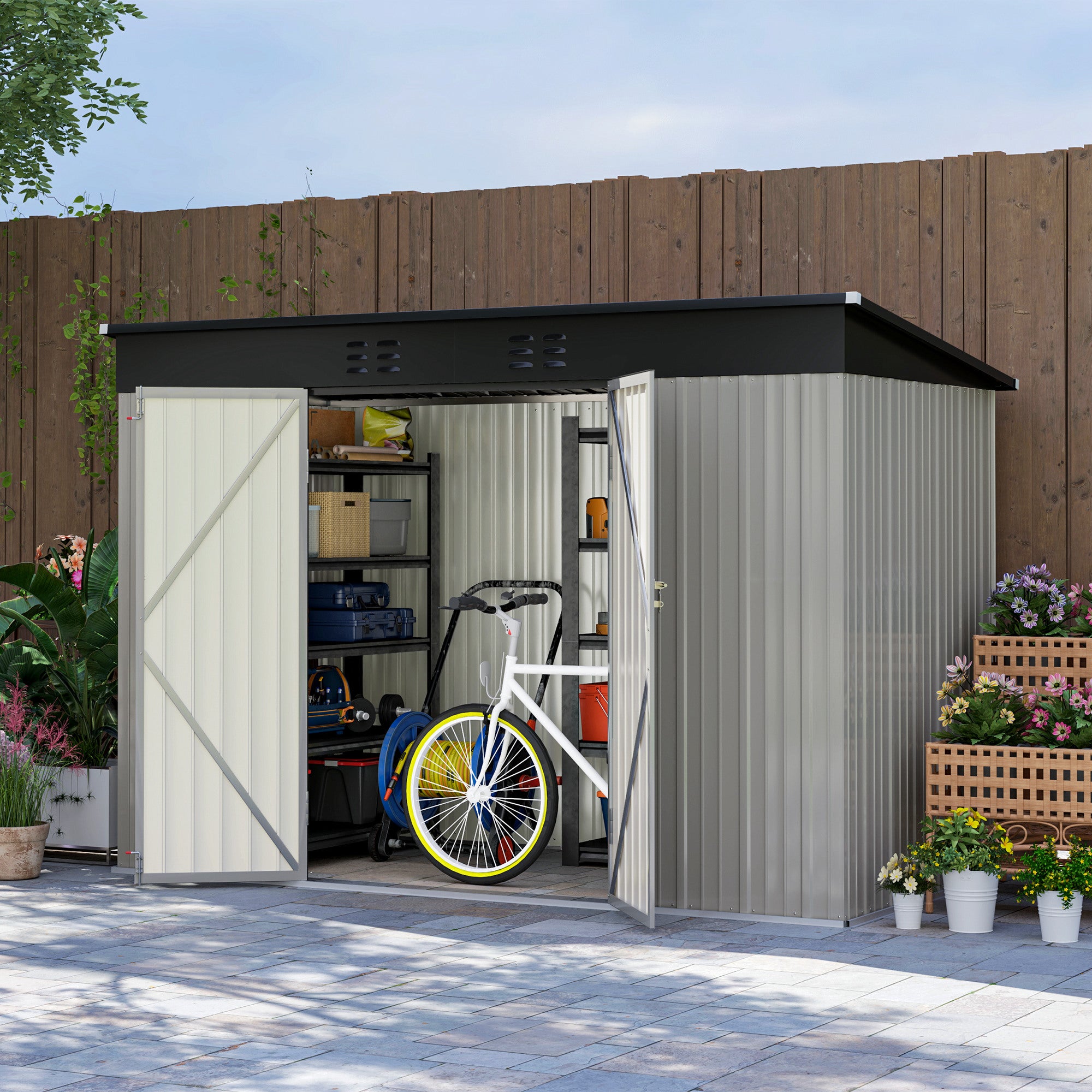 Outsunny 9' x 4' Storage Shed, Galvanized Steel Garden Shed with Lockable Doors, Gloves and 2 Air Vents for Backyard, Patio, Lawn, Grey