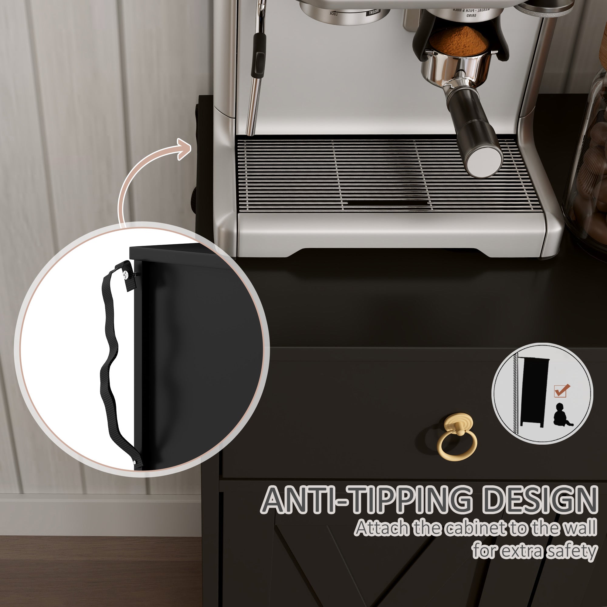 HOMCOM Sideboard Buffet Cabinet with Storage, 48" Kitchen Cabinet with 2 Drawers and 4 Barn Doors, Farmhouse Coffee Bar Cabinet, Black