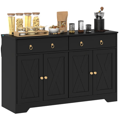 HOMCOM Sideboard Buffet Cabinet with Storage, 48" Kitchen Cabinet with 2 Drawers and 4 Barn Doors, Farmhouse Coffee Bar Cabinet, Black