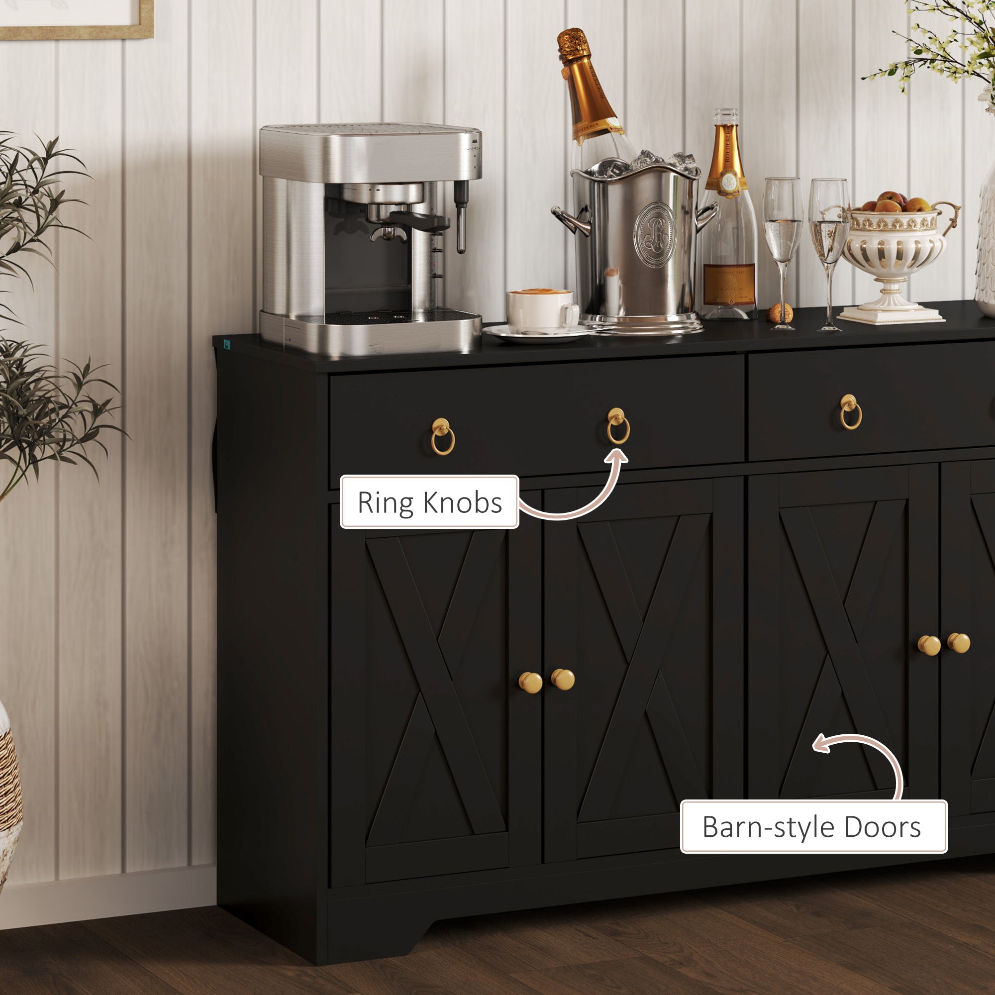 HOMCOM Sideboard Buffet Cabinet with Storage, 48" Kitchen Cabinet with 2 Drawers and 4 Barn Doors, Farmhouse Coffee Bar Cabinet, Black