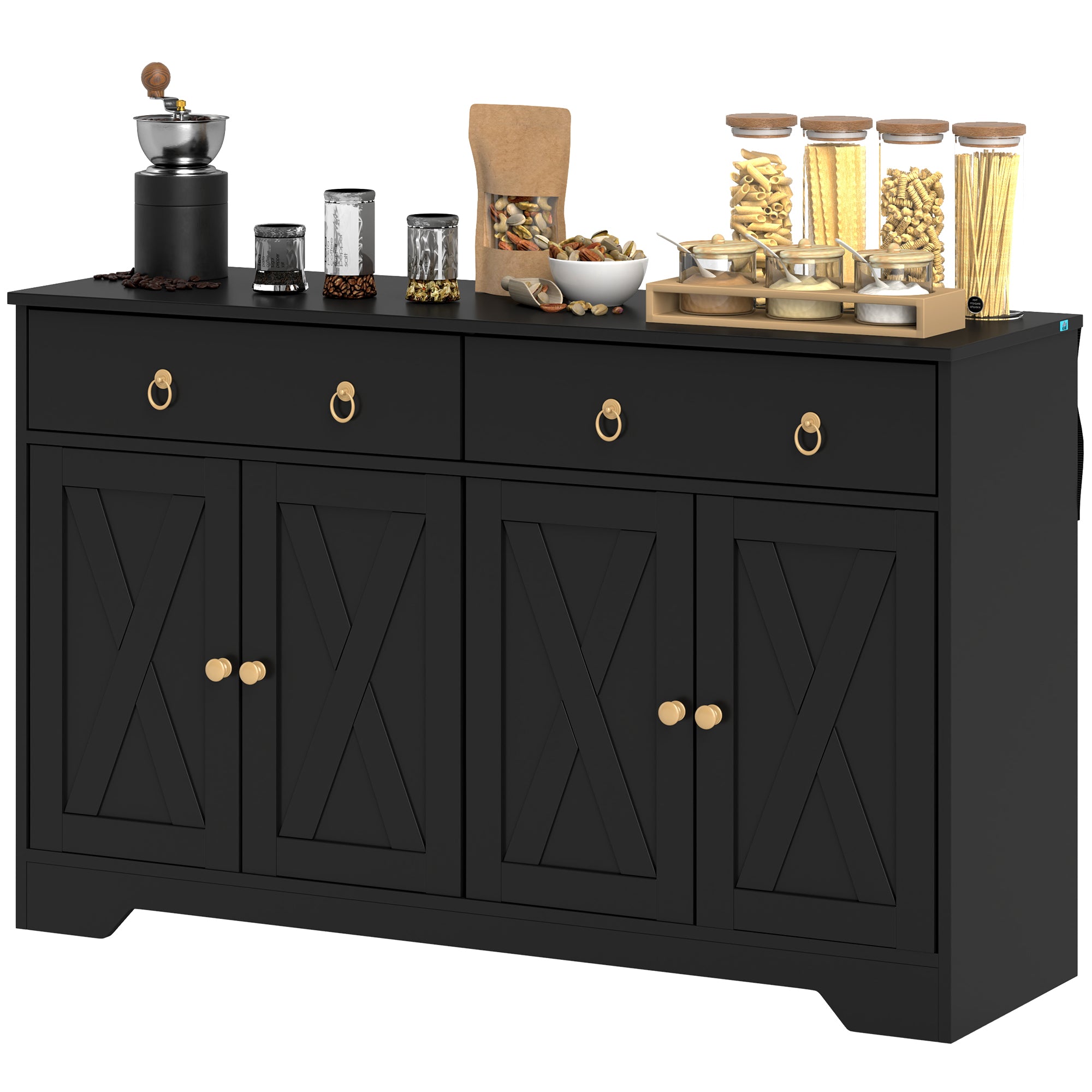 HOMCOM Sideboard Buffet Cabinet with Storage, 48" Kitchen Cabinet with 2 Drawers and 4 Barn Doors, Farmhouse Coffee Bar Cabinet, Black