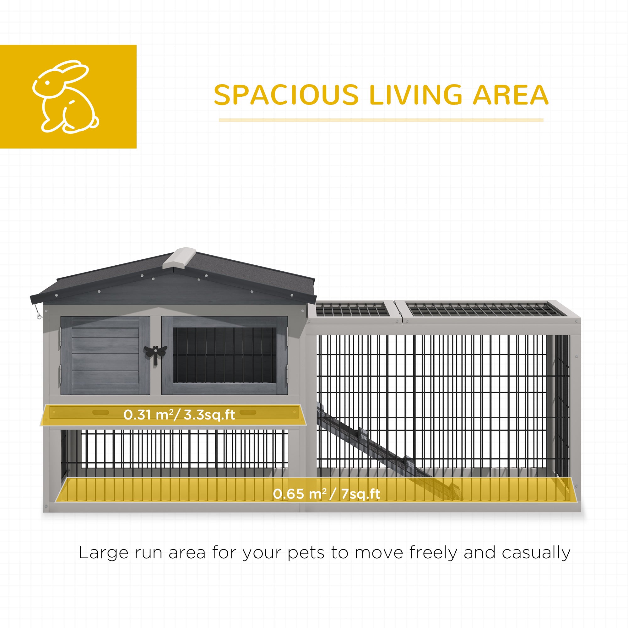 PawHut Solid Wood Rabbit Hutch Bunny Cage Pet Guinea Pig House Outdoor Small Animal Habitat w/ Ramp, Weather-Resistant Asphalt Openable Roof,Pull-out Tray, Light Grey