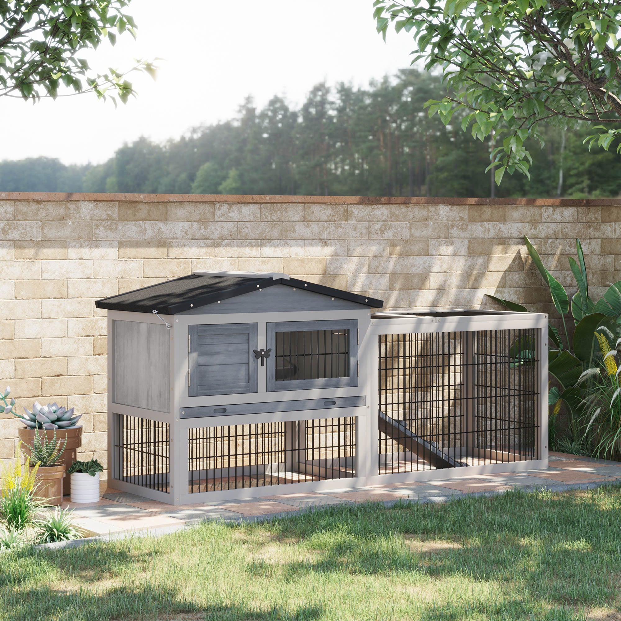 PawHut Solid Wood Rabbit Hutch Bunny Cage Pet Guinea Pig House Outdoor Small Animal Habitat w/ Ramp, Weather-Resistant Asphalt Openable Roof,Pull-out Tray, Light Grey