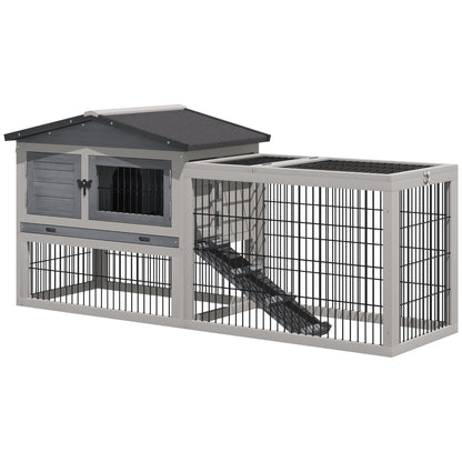 PawHut Solid Wood Rabbit Hutch Bunny Cage Pet Guinea Pig House Outdoor Small Animal Habitat w/ Ramp, Weather-Resistant Asphalt Openable Roof,Pull-out Tray, Light Grey