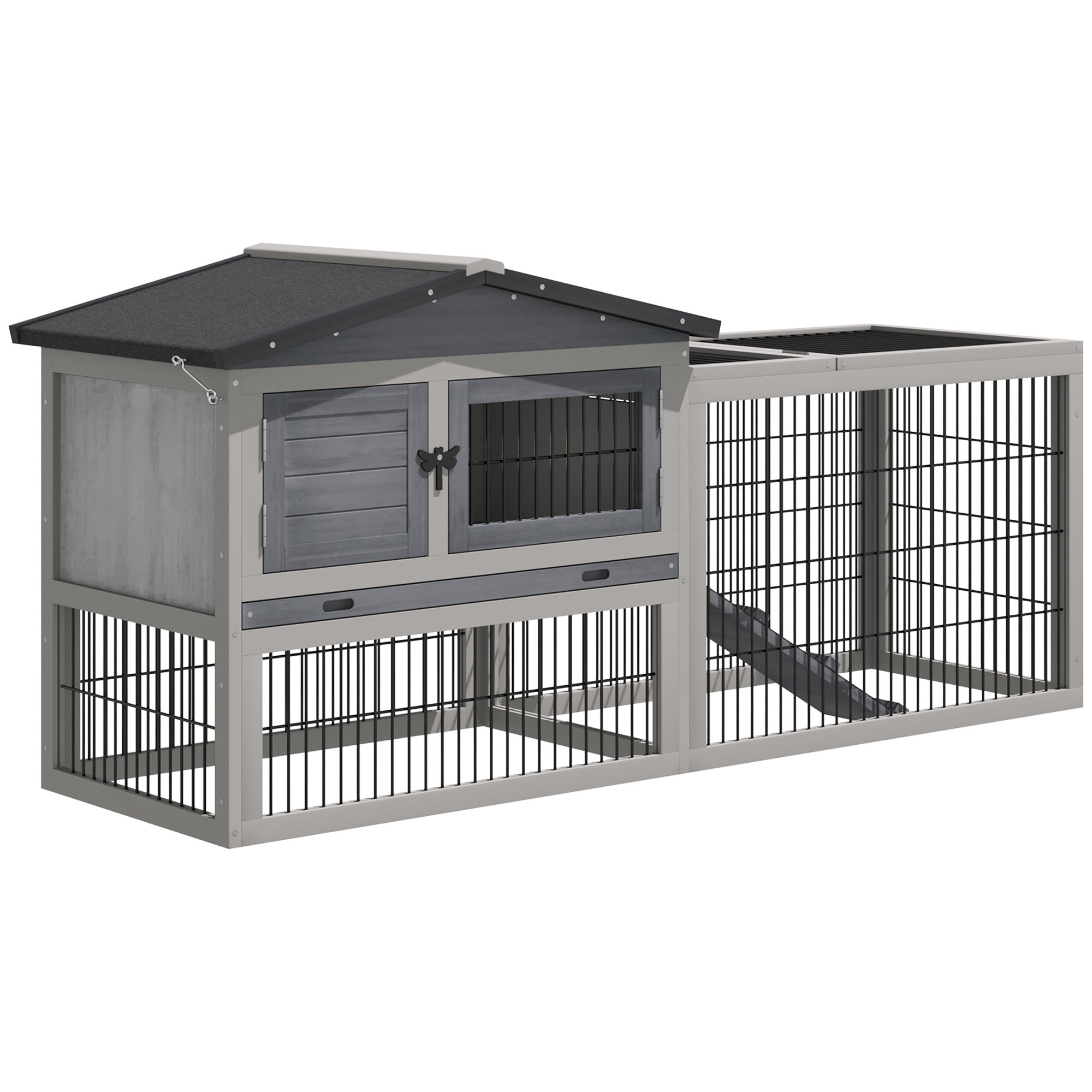 PawHut Rabbit Hutch Outdoor, Wooden Guinea Pig Hutch with Rabbit Run 2 Level Design Water Resistant Openable Roof 150 x 52.5 x 68 cm, Grey