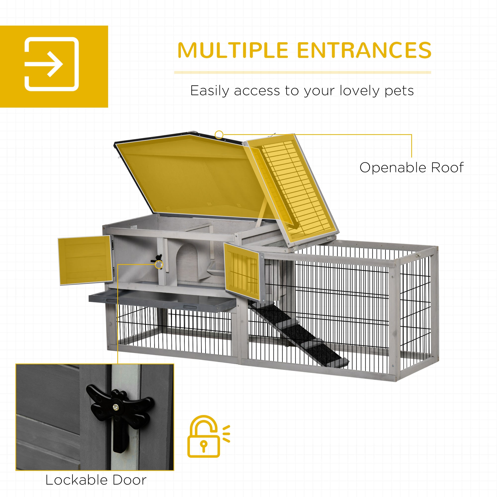 PawHut Solid Wood Rabbit Hutch Bunny Cage Pet Guinea Pig House Outdoor Small Animal Habitat w/ Ramp, Weather-Resistant Asphalt Openable Roof,Pull-out Tray, Light Grey