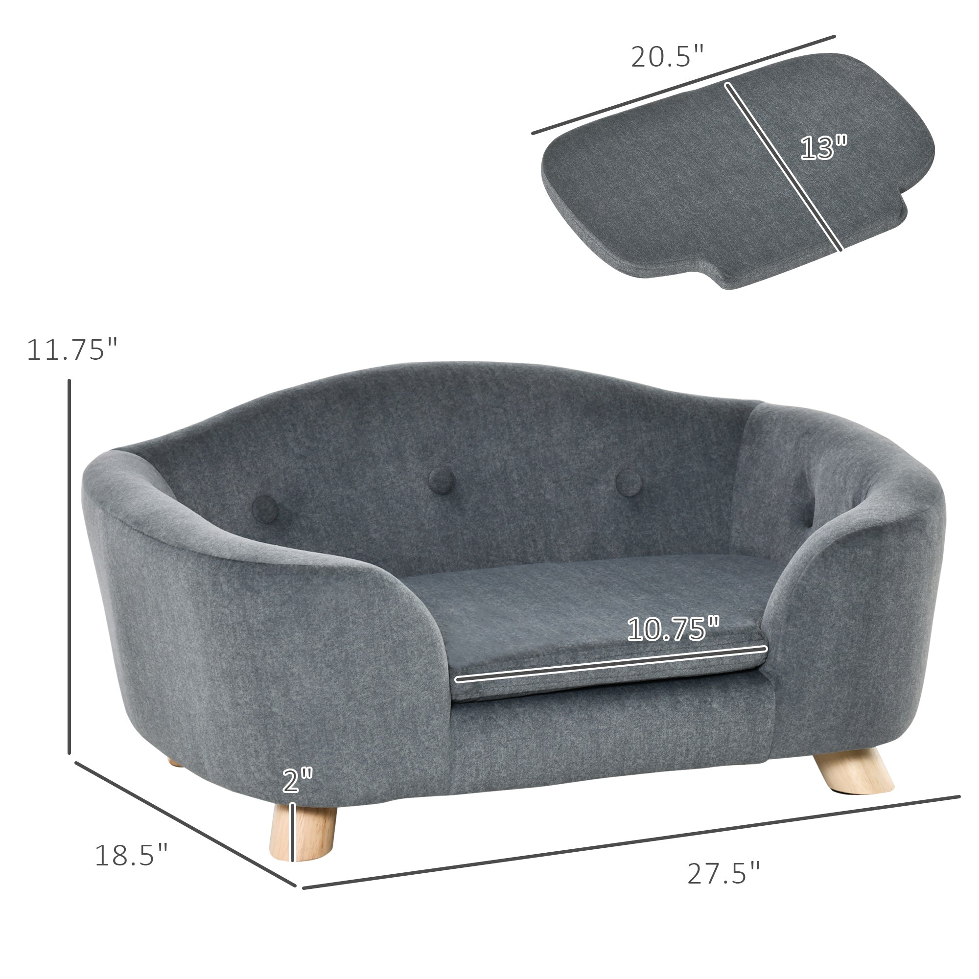 PawHut Dog Sofa, Pet Bed for Mini Dogs, Cat Dog Couch with Washable and Removable Cushion, Waterproof Cover, Gray