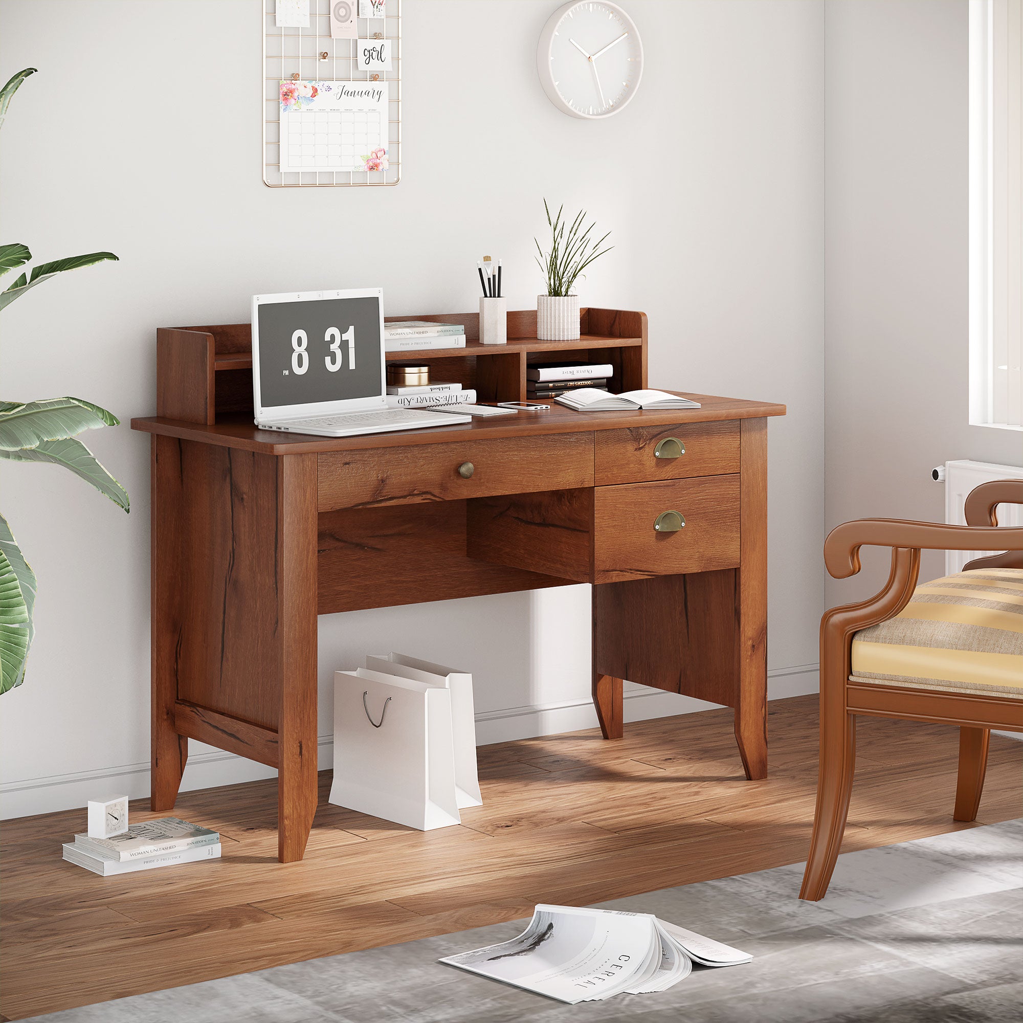 HOMCOM Computer Desk with Storage Hutch, Drawers, Shelf, Home Office Writing Table Study Workstation with Cable Management, Brown