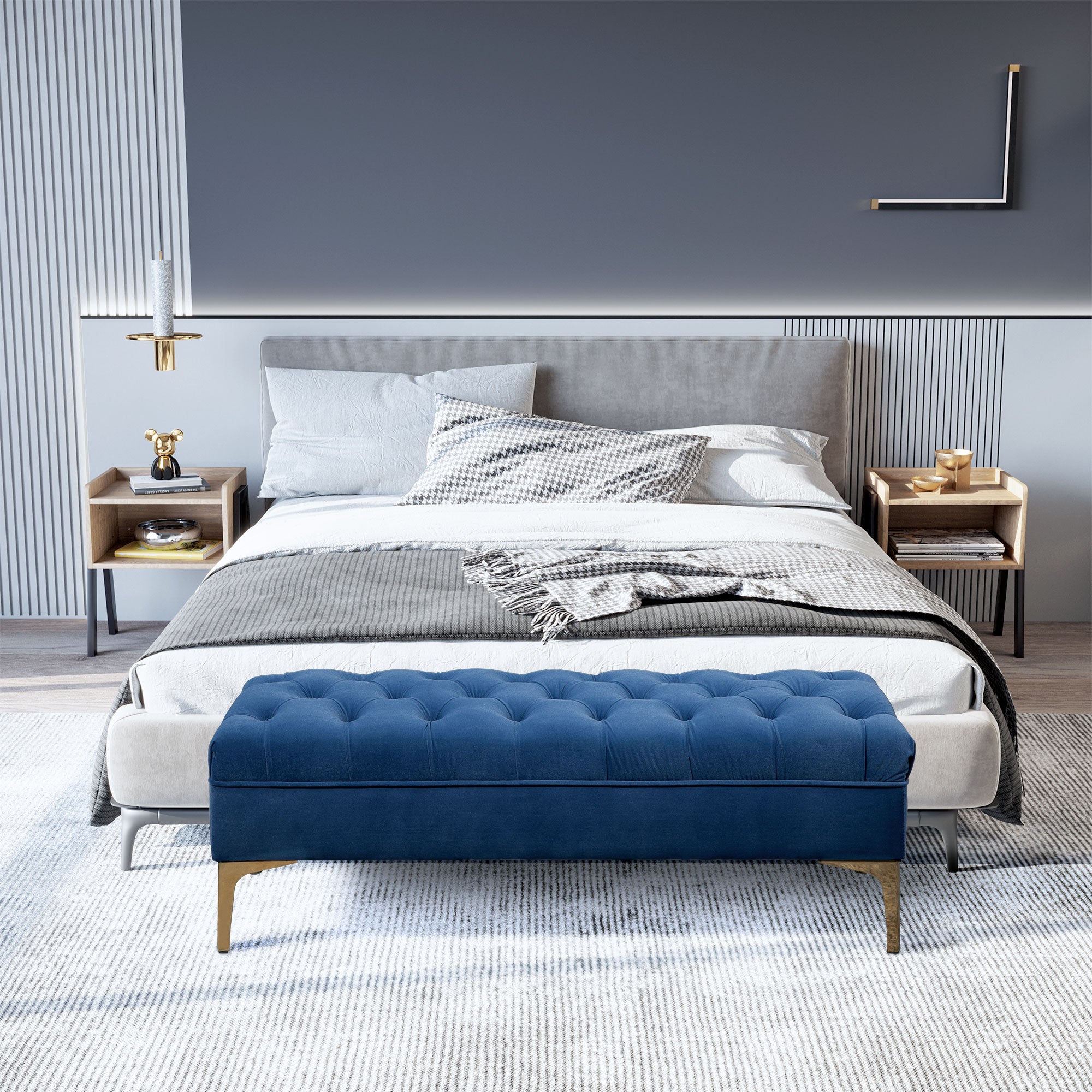 HOMCOM Velvet Upholstered Bench Seat, End of Bed Bench, Entryway Shoe Bench with Button Tufted for Living Room, Bedroom, Blue