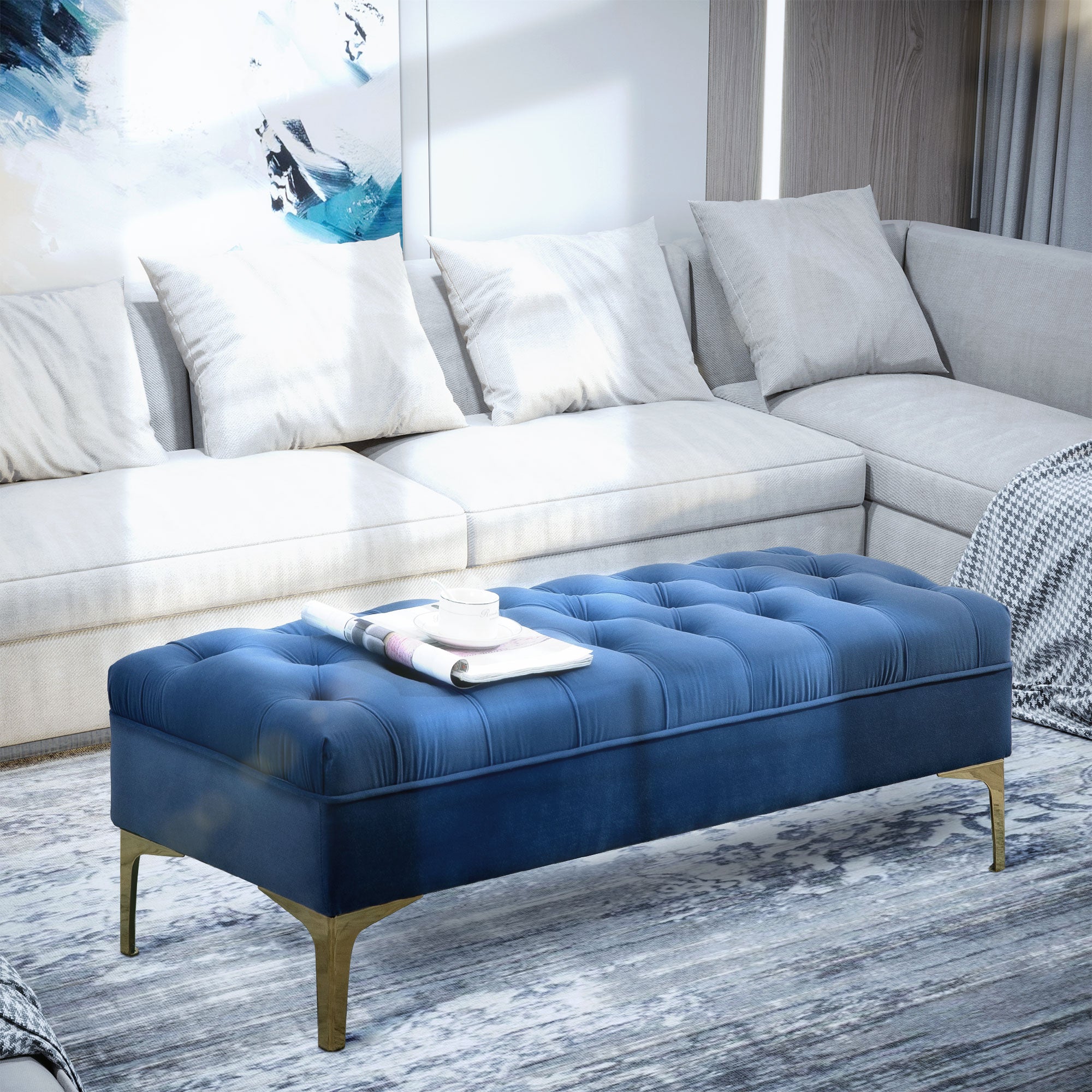 HOMCOM Velvet Upholstered Bench Seat, End of Bed Bench, Entryway Shoe Bench with Button Tufted for Living Room, Bedroom, Blue