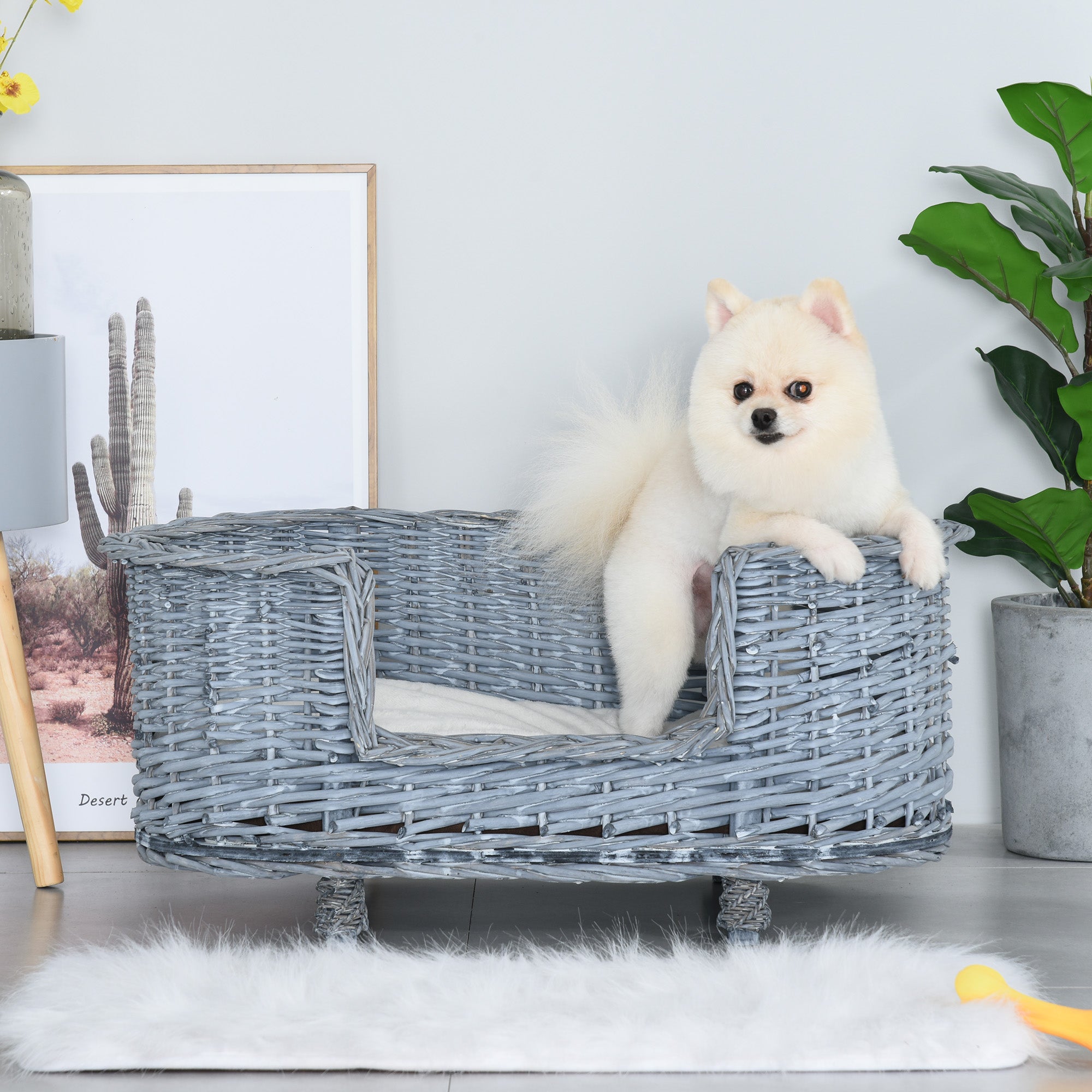 PawHut 70x40cm Woven Wicker Dog Bed Basket Pet Cat Sofa w/ Cushion Elevated Base Stylish Furniture Small Grey