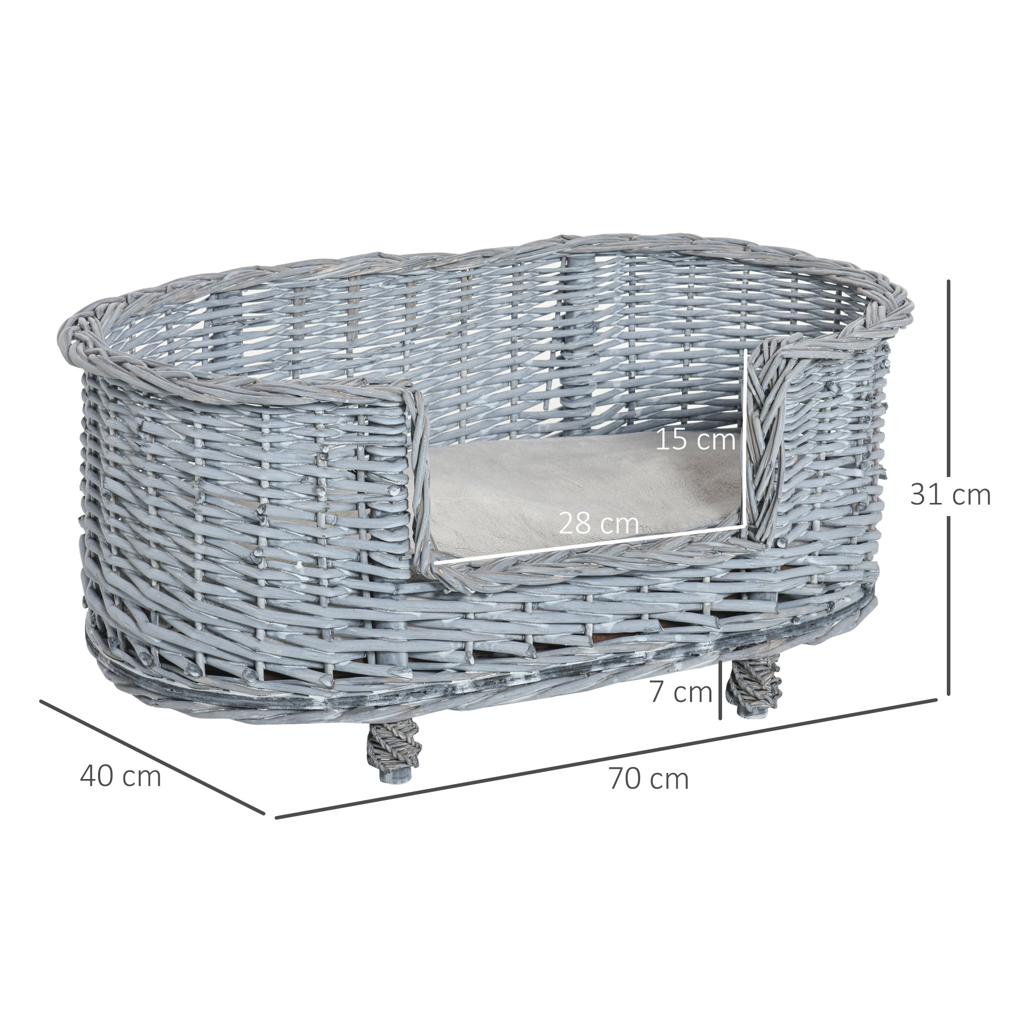 PawHut 70x40cm Woven Wicker Dog Bed Basket Pet Cat Sofa w/ Cushion Elevated Base Stylish Furniture Small Grey