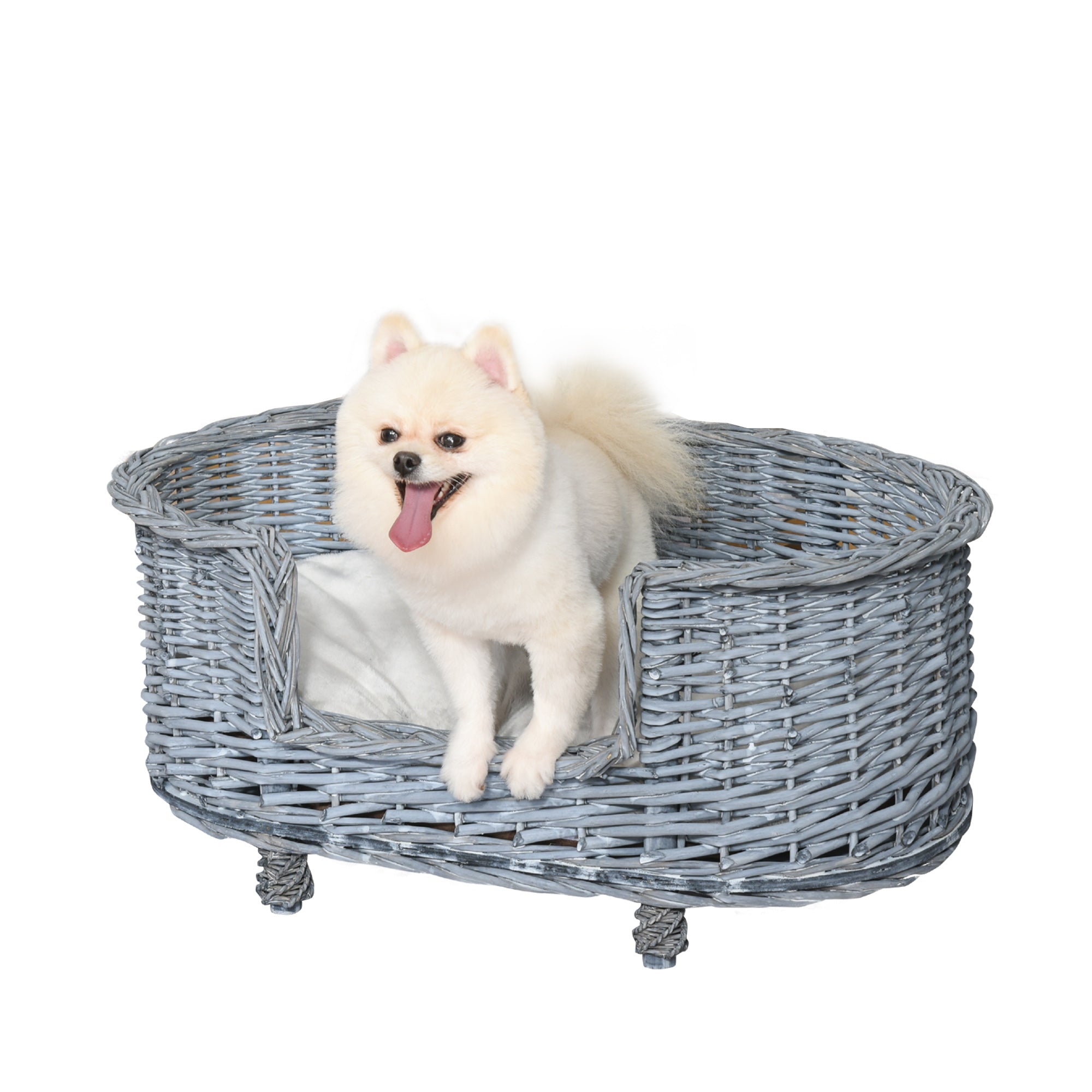 PawHut 70x40cm Woven Wicker Dog Bed Basket Pet Cat Sofa w/ Cushion Elevated Base Stylish Furniture Small Grey