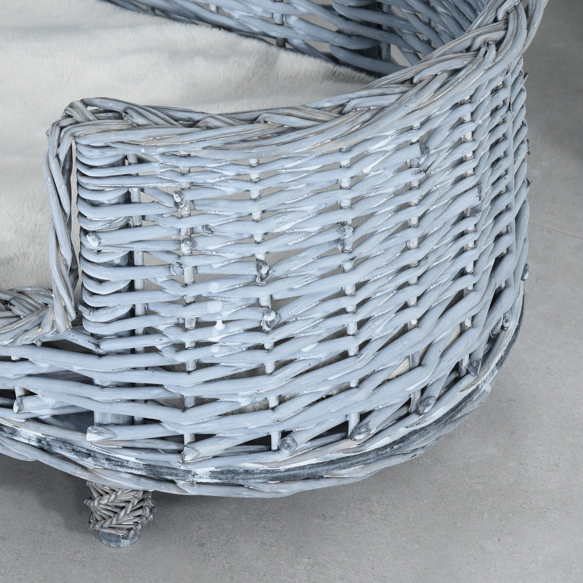 PawHut 70x40cm Woven Wicker Dog Bed Basket Pet Cat Sofa w/ Cushion Elevated Base Stylish Furniture Small Grey