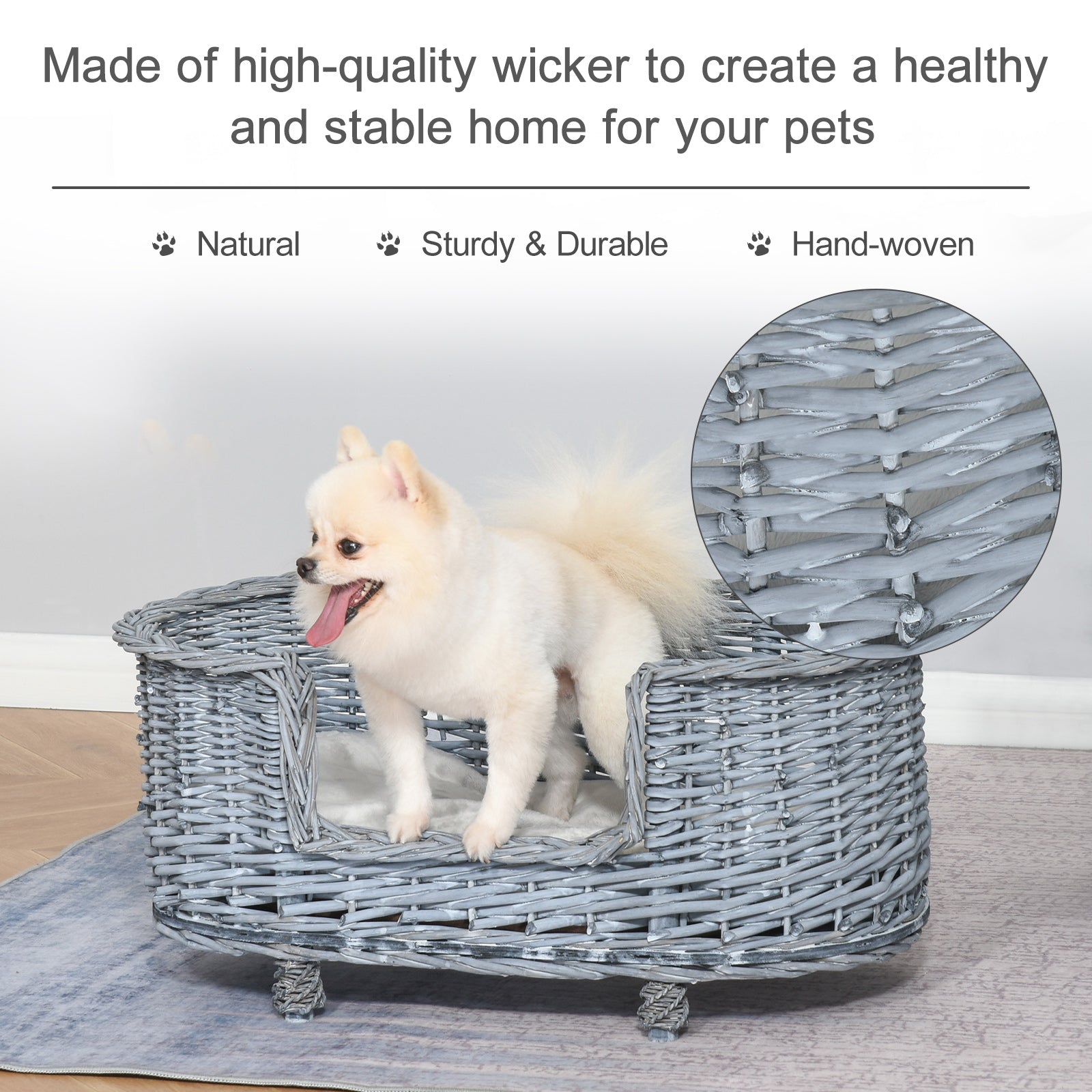 PawHut 70x40cm Woven Wicker Dog Bed Basket Pet Cat Sofa w/ Cushion Elevated Base Stylish Furniture Small Grey