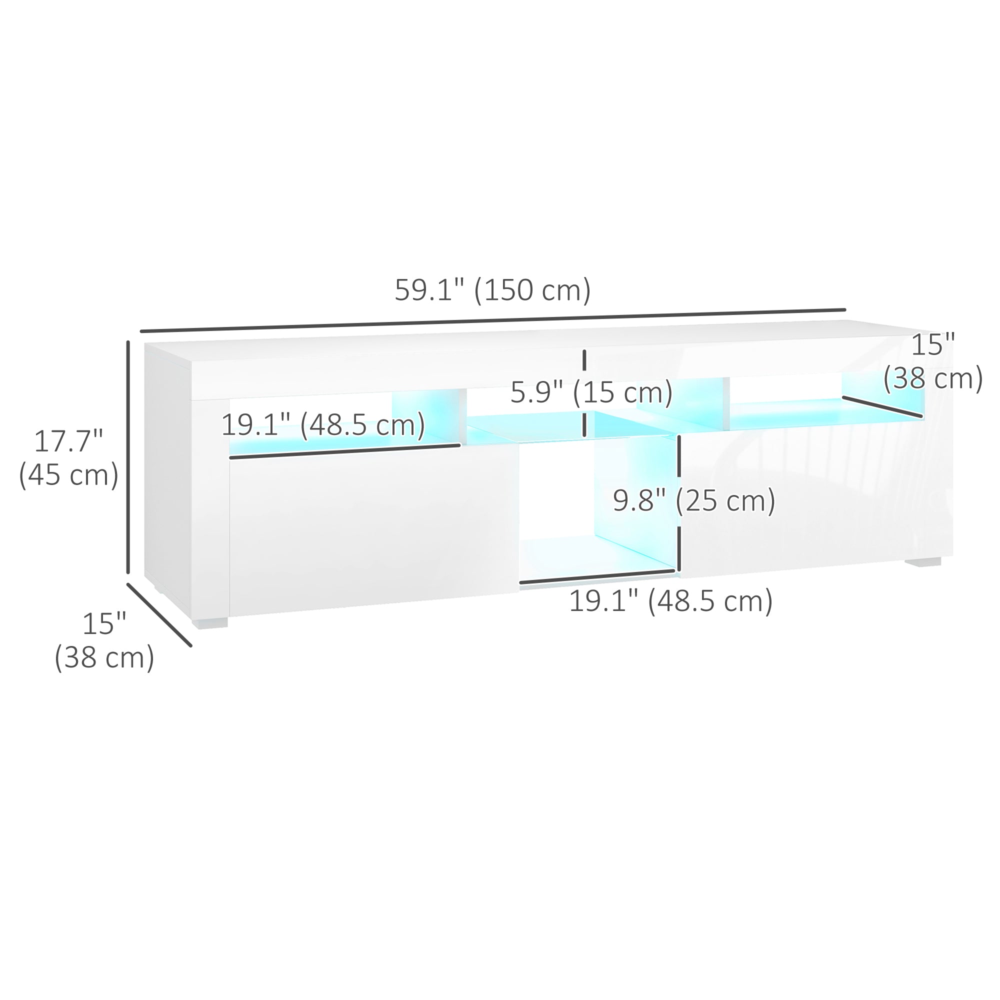 HOMCOM High Gloss TV Stand with LED Lights for TVs up to 55 Inch, Entertainment Center with Storage Compartments and Cabinets, Modern TV Console for Living Room, White