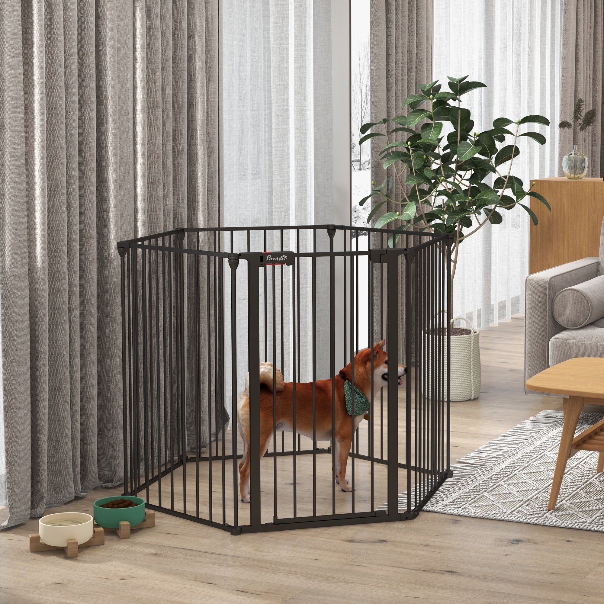 PawHut Dog Playpen DIY Adjustable, Puppy Play Pen Dog Fences Indoor with Automatically Close Lock, Pet Door for Doorway Stair, Fireplace Christmas Tree Barrier, 6-Panel, 35''H