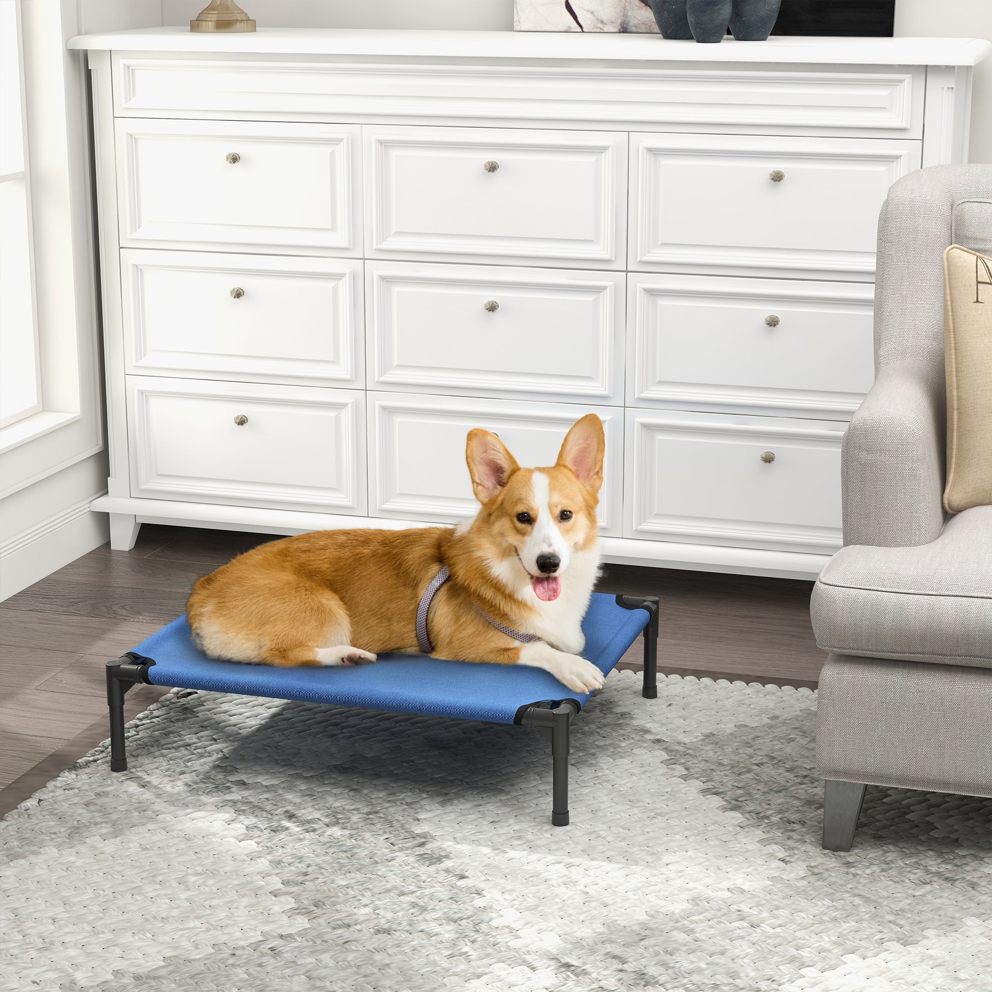 PawHut Raised Dog Bed Cat Elevated Lifted Portable Camping w/ Metal Frame Blue (Medium)
