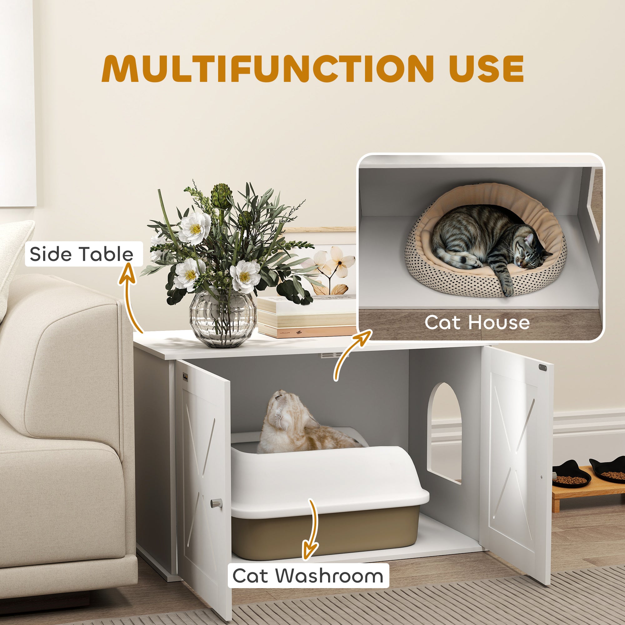PawHut Cat Litter Box Enclosure, Hidden Cat Litter Box Furniture with Double Doors, Hole, Pet House Side End Table, 31.5" x 19" x 20", White