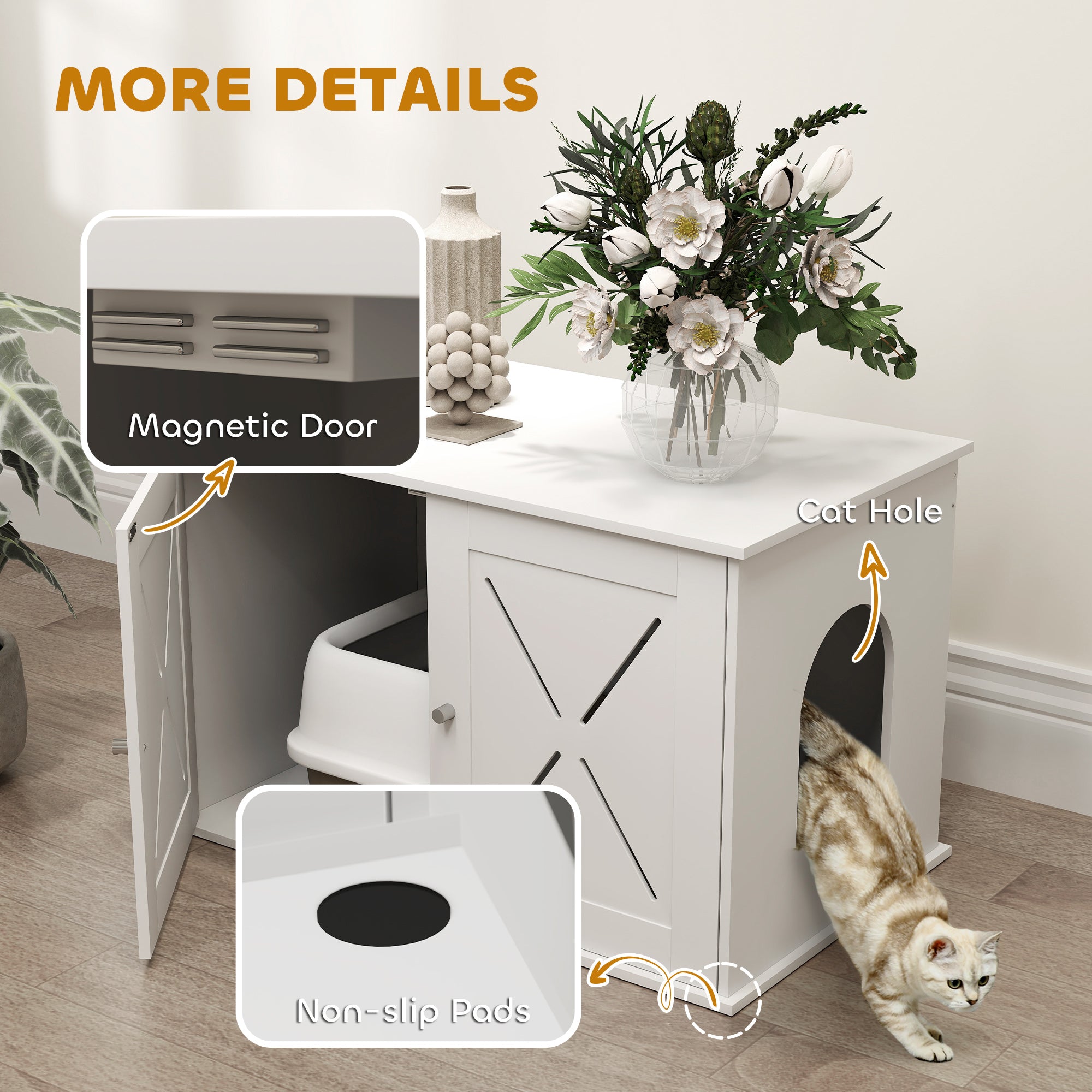 PawHut Cat Litter Box Enclosure, Hidden Cat Litter Box Furniture with Double Doors, Hole, Pet House Side End Table, 31.5" x 19" x 20", White