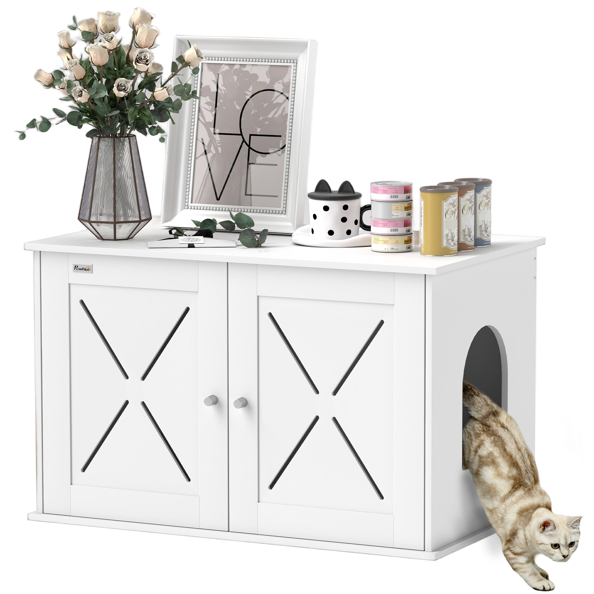 PawHut Cat Litter Box Enclosure, Hidden Cat Litter Box Furniture with Double Doors, Hole, Pet House Side End Table, 31.5" x 19" x 20", White