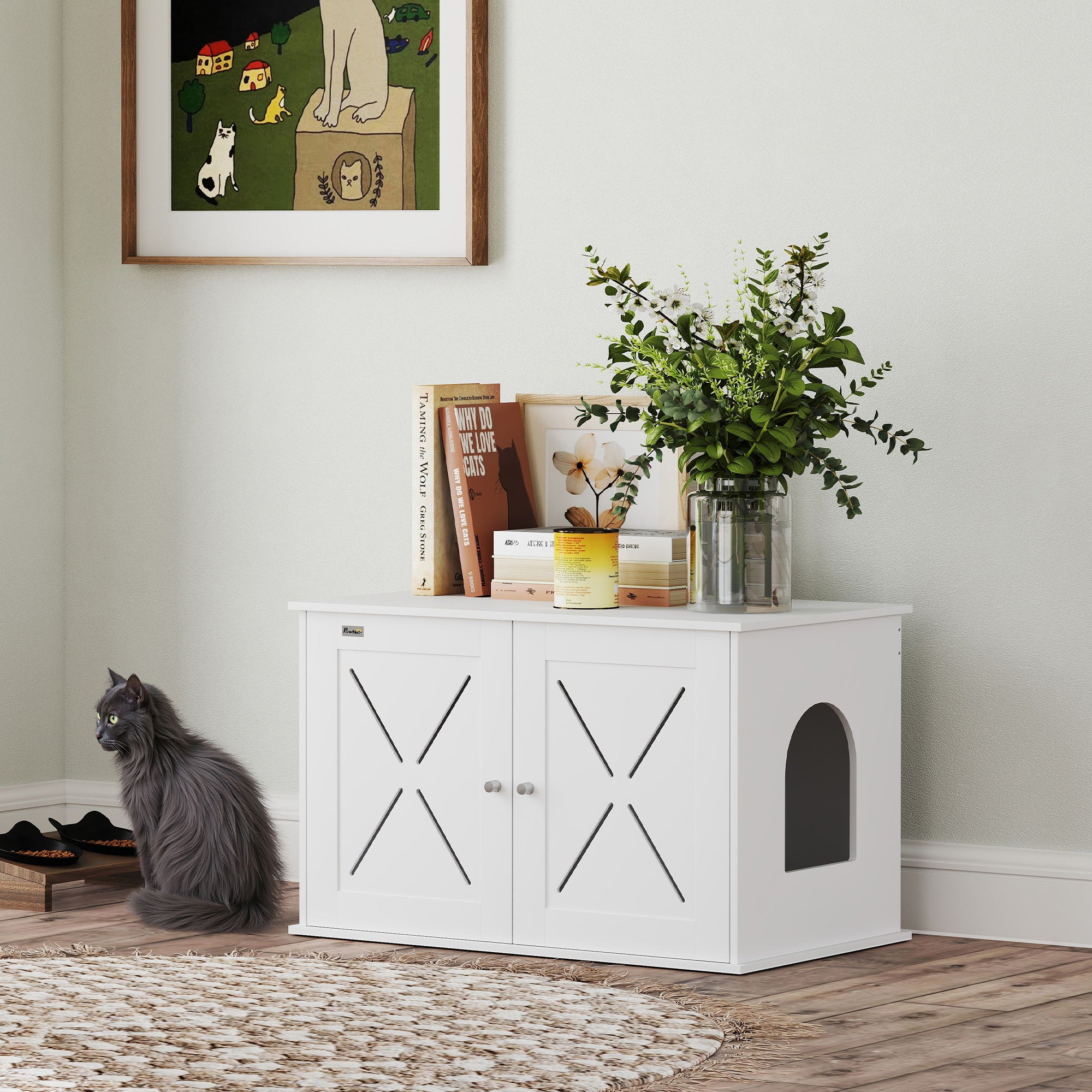 PawHut Cat Litter Box Enclosure, Hidden Cat Litter Box Furniture with Double Doors, Hole, Pet House Side End Table, 31.5" x 19" x 20", White
